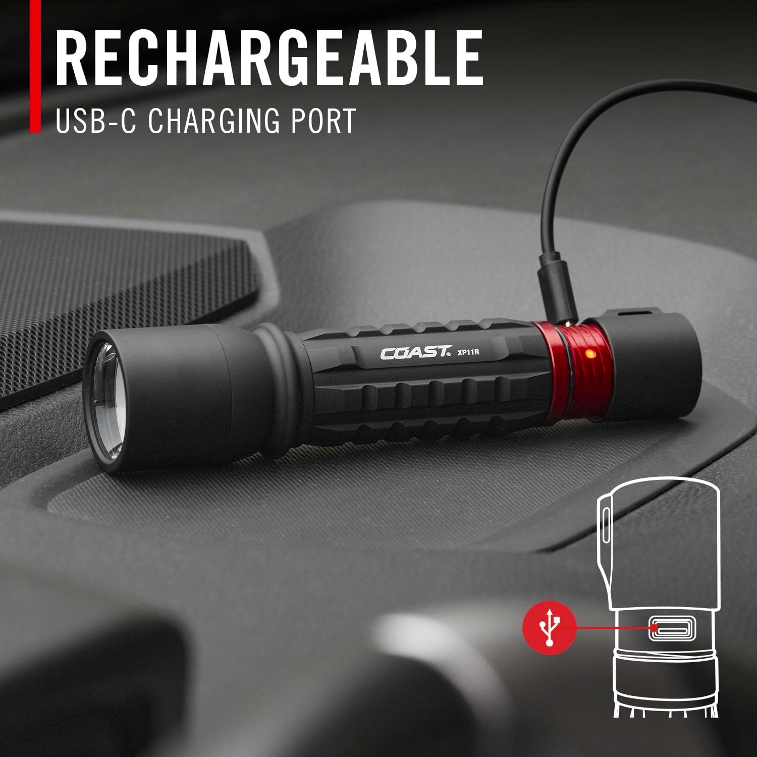 Coast XP11R 2600 Lumen USB-C Rechargeable LED Flashlight with Slide Focus® and Pure Beam® Focusing Optic, 4 Light Modes, Black(Black)