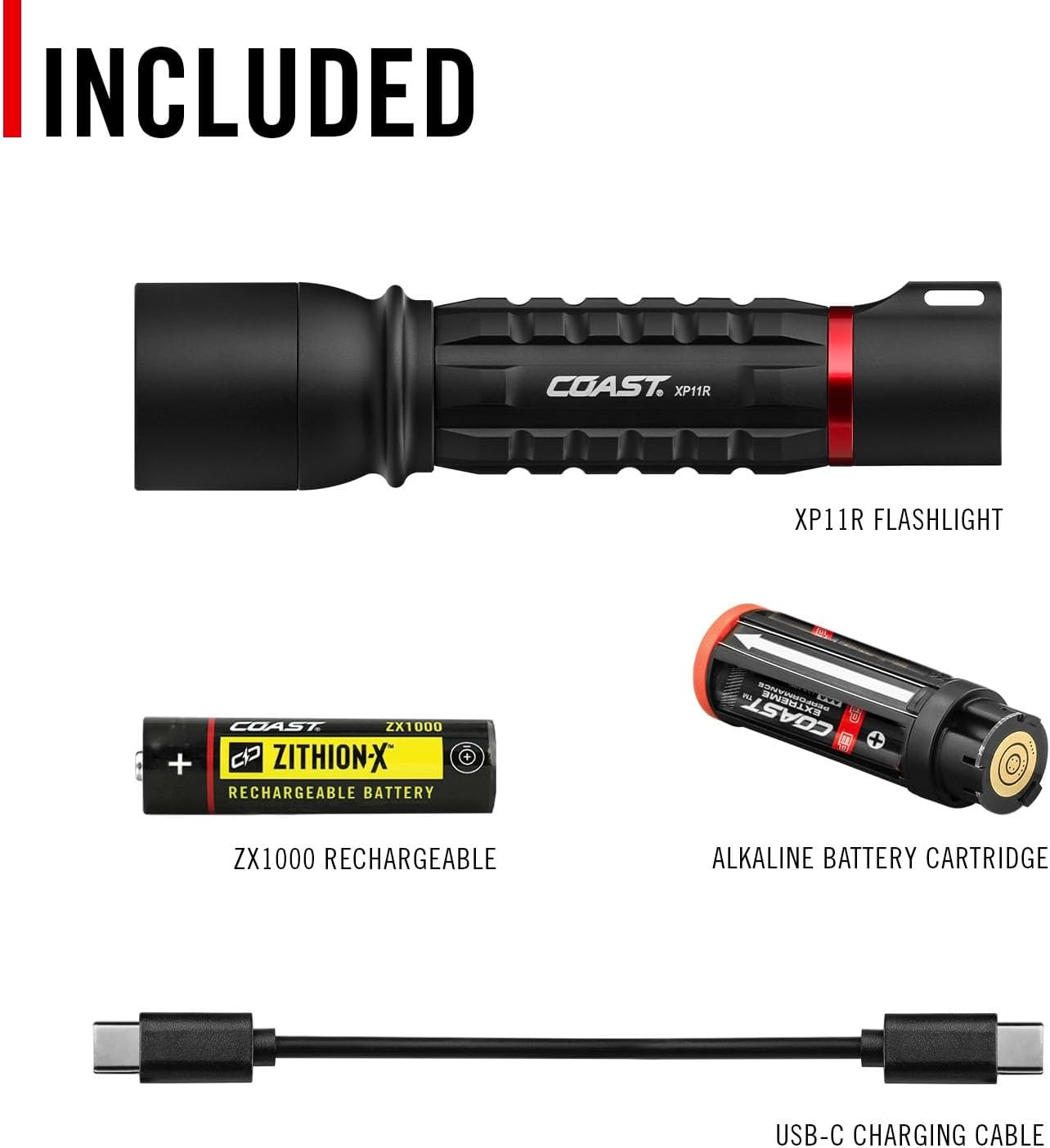 Coast XP11R 2600 Lumen USB-C Rechargeable LED Flashlight with Slide Focus® and Pure Beam® Focusing Optic, 4 Light Modes, Black(Black)