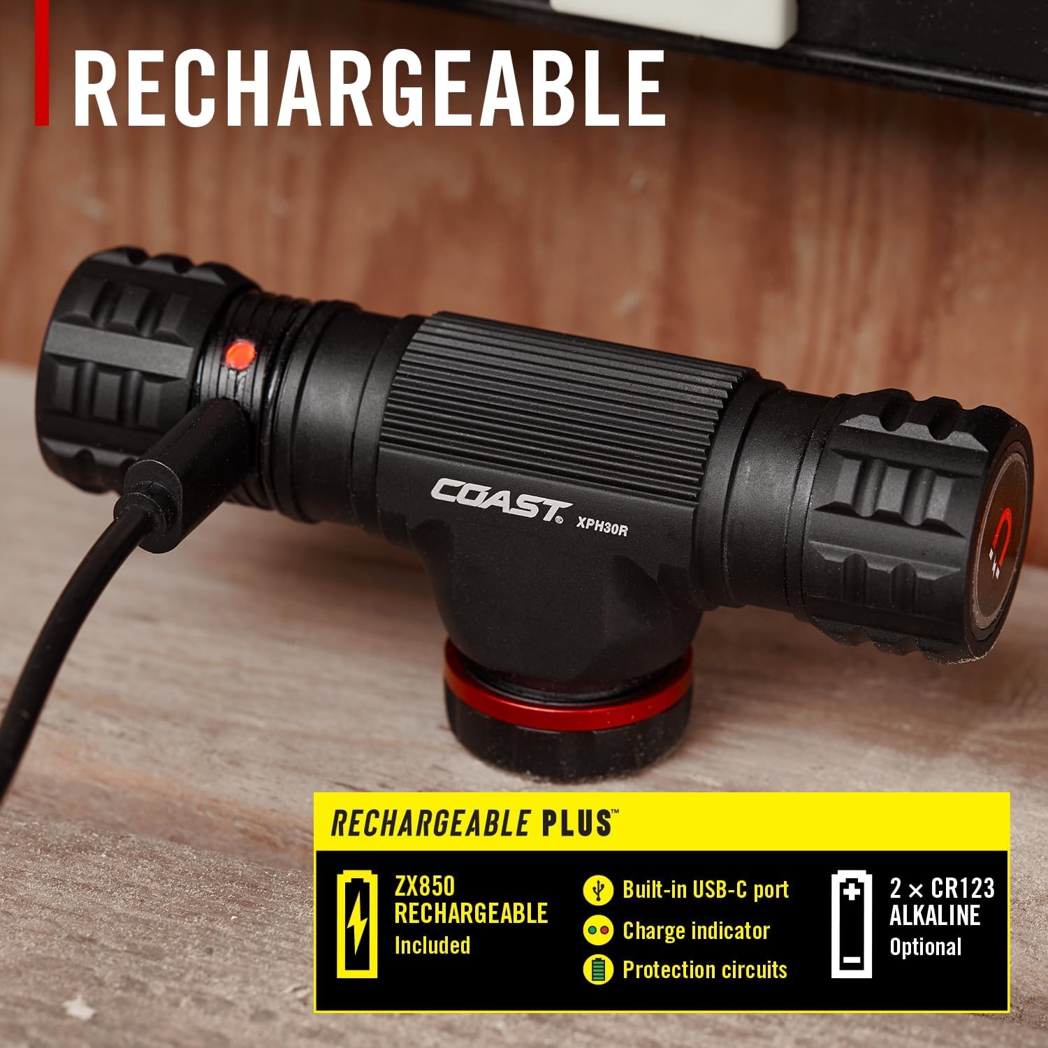 Coast XPH30R 1200 Lumen USB-C Rechargeable Dual Power Headlamp with Twist Focus Beam and Magnetic Base, 4.37 oz. – Black(Black)