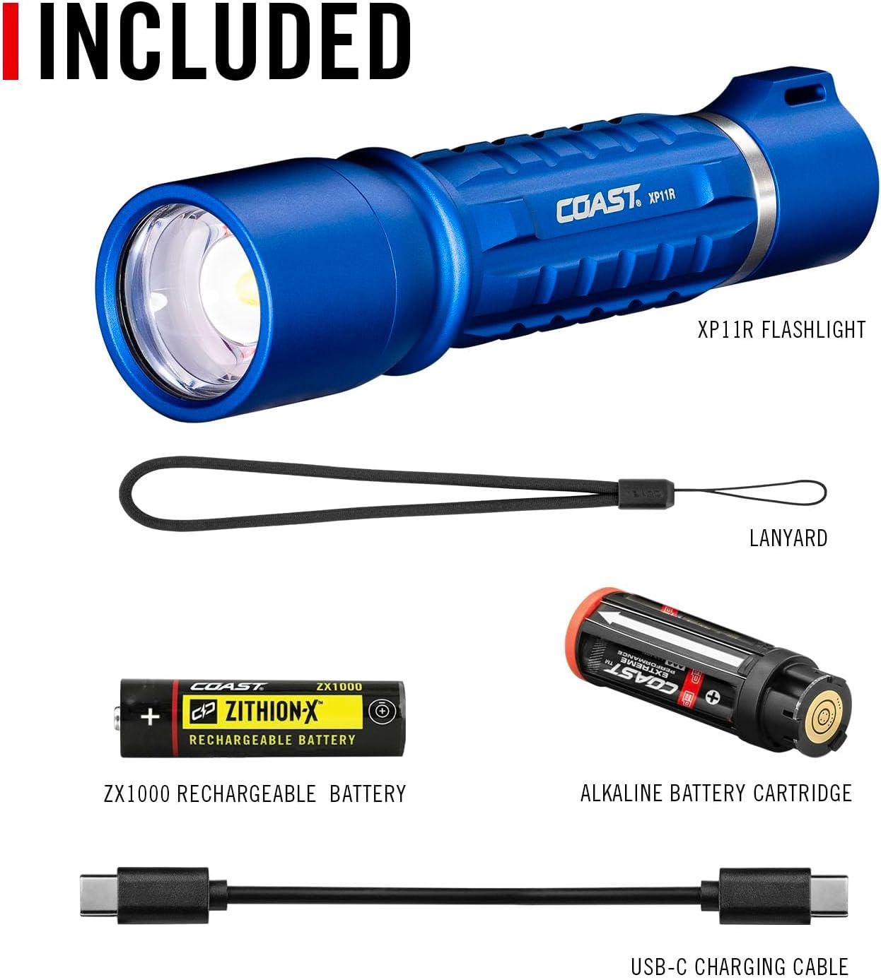 Coast XP11R 2600 Lumen USB-C Rechargeable LED Flashlight with Slide Focus® and Pure Beam® Focusing Optic, 4 Light Modes, Black(Blue)