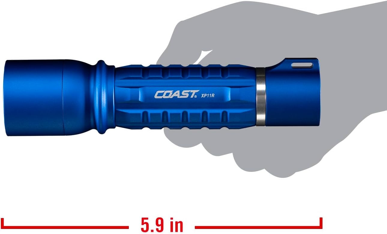Coast XP11R 2600 Lumen USB-C Rechargeable LED Flashlight with Slide Focus® and Pure Beam® Focusing Optic, 4 Light Modes, Black(Blue)