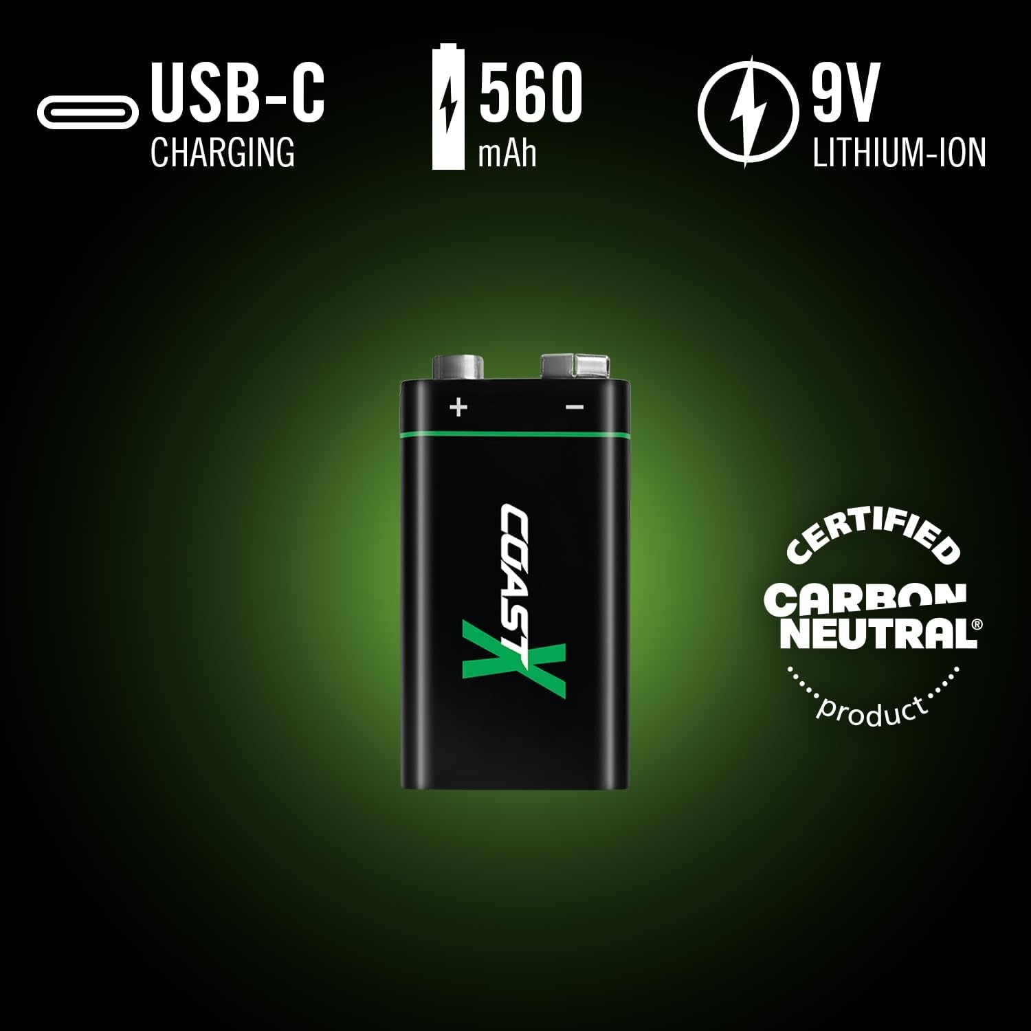 Coast ZX 9V USB-C Rechargeable Batteries, ZITHION-X, Lithium Ion 1.5v 560 mAh, Long Lasting, Charges Under 3 Hours, Charging Cable Included, 2-Battery Pack