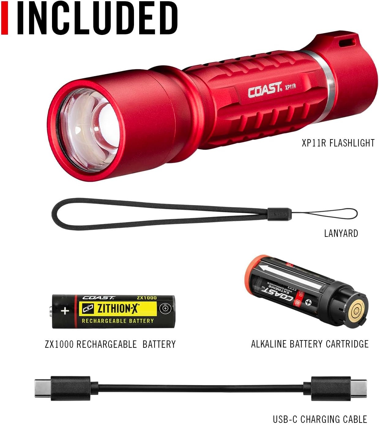 Coast XP11R 2600 Lumen USB-C Rechargeable LED Flashlight with Slide Focus® and Pure Beam® Focusing Optic, 4 Light Modes, Black(Red)