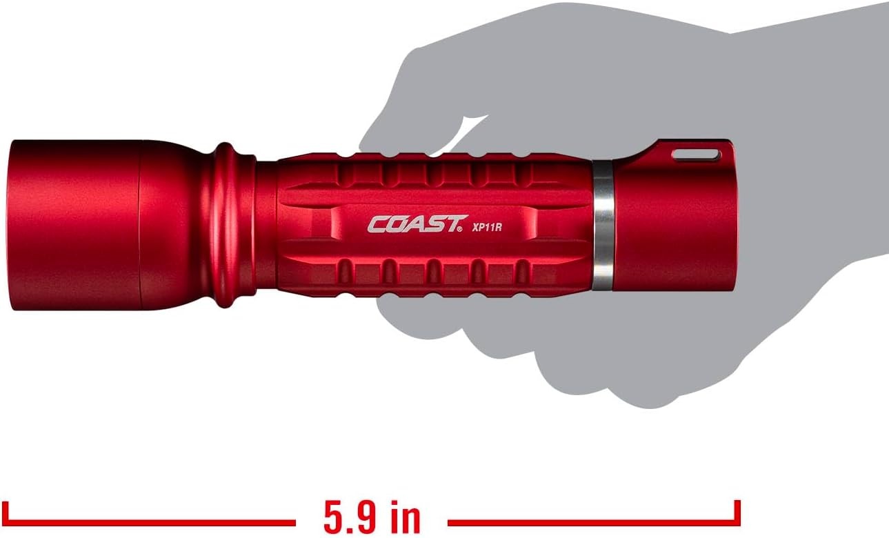 Coast XP11R 2600 Lumen USB-C Rechargeable LED Flashlight with Slide Focus® and Pure Beam® Focusing Optic, 4 Light Modes, Black(Red)