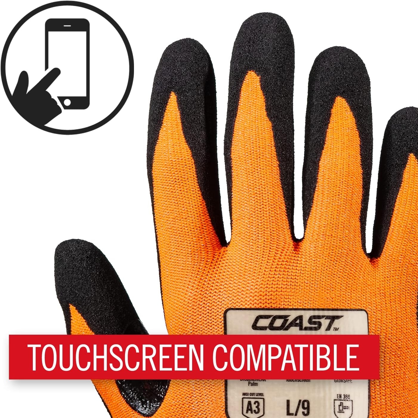 Coast SG400 High Visibility Nitrile Safety Gloves, ANSI Cut Level A3, Touchscreen Compatible, Breathable, Orange, Extra-Large