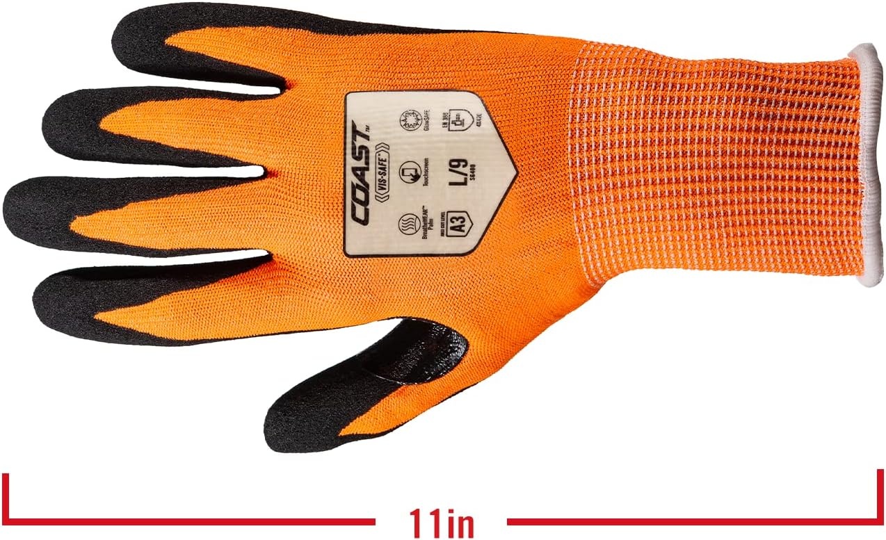 Coast SG400 High Visibility Nitrile Safety Gloves, ANSI Cut Level A3, Touchscreen Compatible, Breathable, Orange, Extra-Large