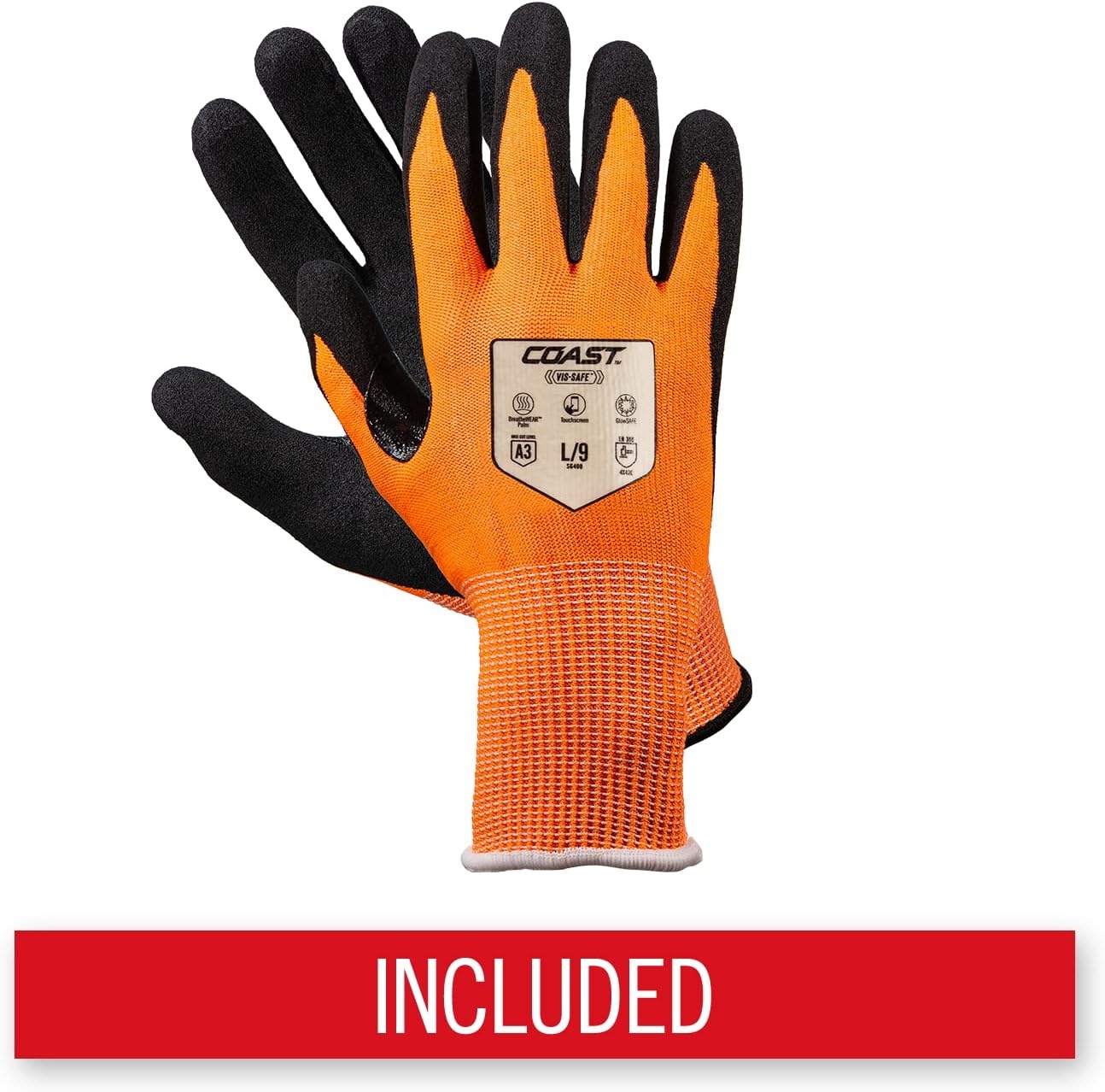 Coast SG400 High Visibility Nitrile Safety Gloves, ANSI Cut Level A3, Touchscreen Compatible, Breathable, Orange, Extra-Large