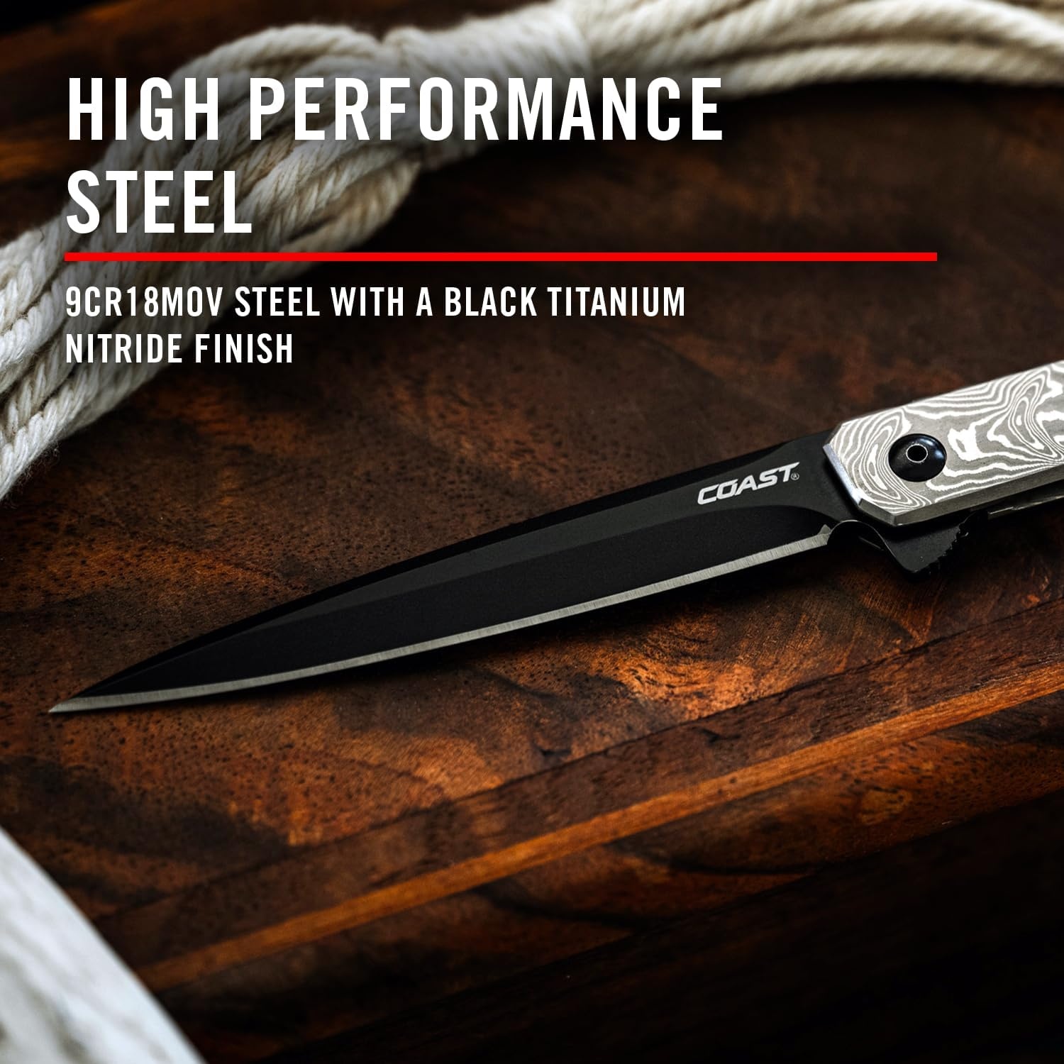 Coast Founder’s Collection LX533 ORIGIN, Gentleman’s EDC Folding Pocketknife, DAMASCUS Stainless-Steel Handle, Flipper Tab, Frame Lock, Pocket Clip, Black Nitride Stainless-Steel Blade