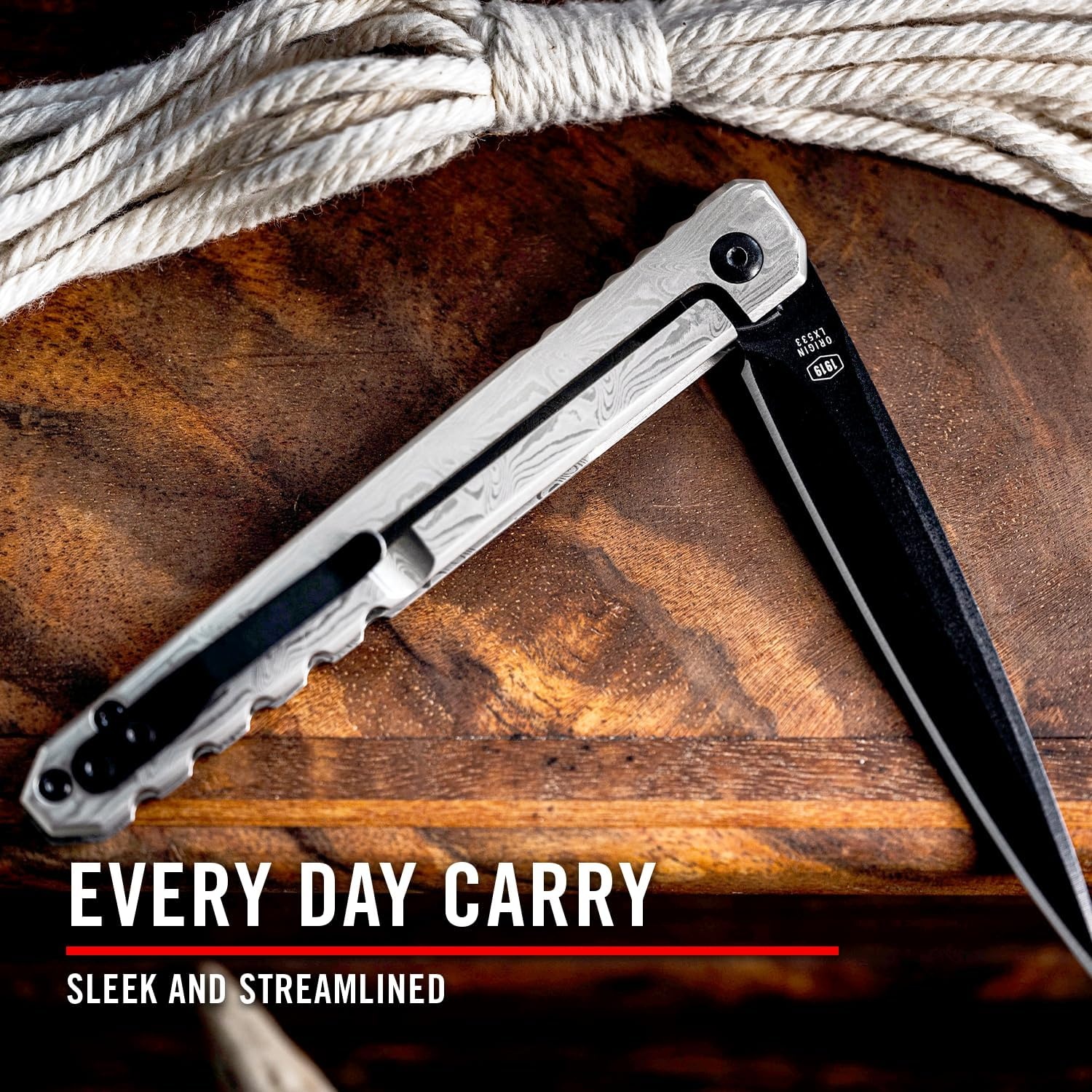 Coast Founder’s Collection LX533 ORIGIN, Gentleman’s EDC Folding Pocketknife, DAMASCUS Stainless-Steel Handle, Flipper Tab, Frame Lock, Pocket Clip, Black Nitride Stainless-Steel Blade