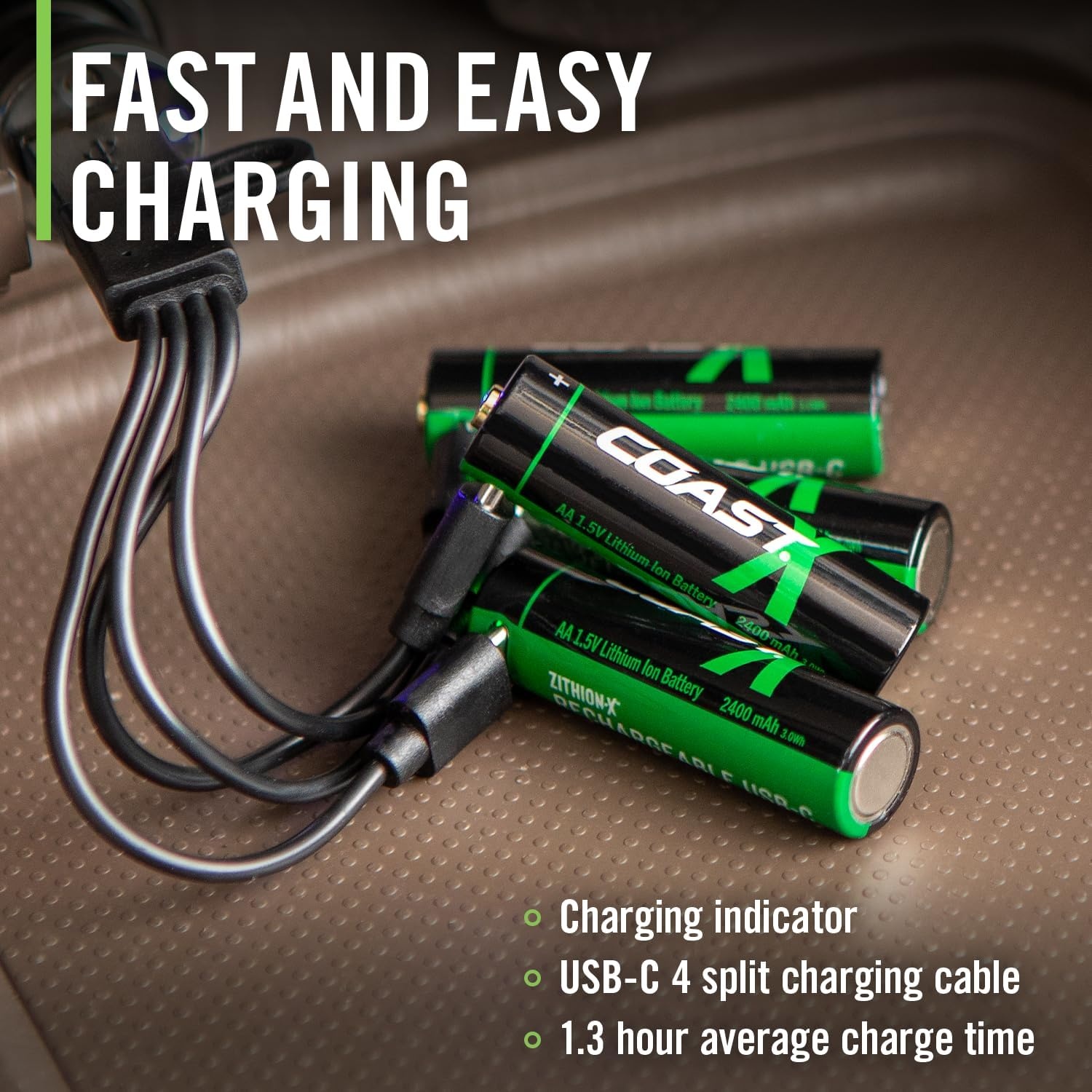 Coast AAA USB-C Rechargeable Batteries, ZITHION-X, Lithium Ion 1.5v 750 mAh, Long Lasting, Charges Under 1.3 Hours, Charging Cable Included, 4-Battery Pack(AAA USB-C  4-Pack)
