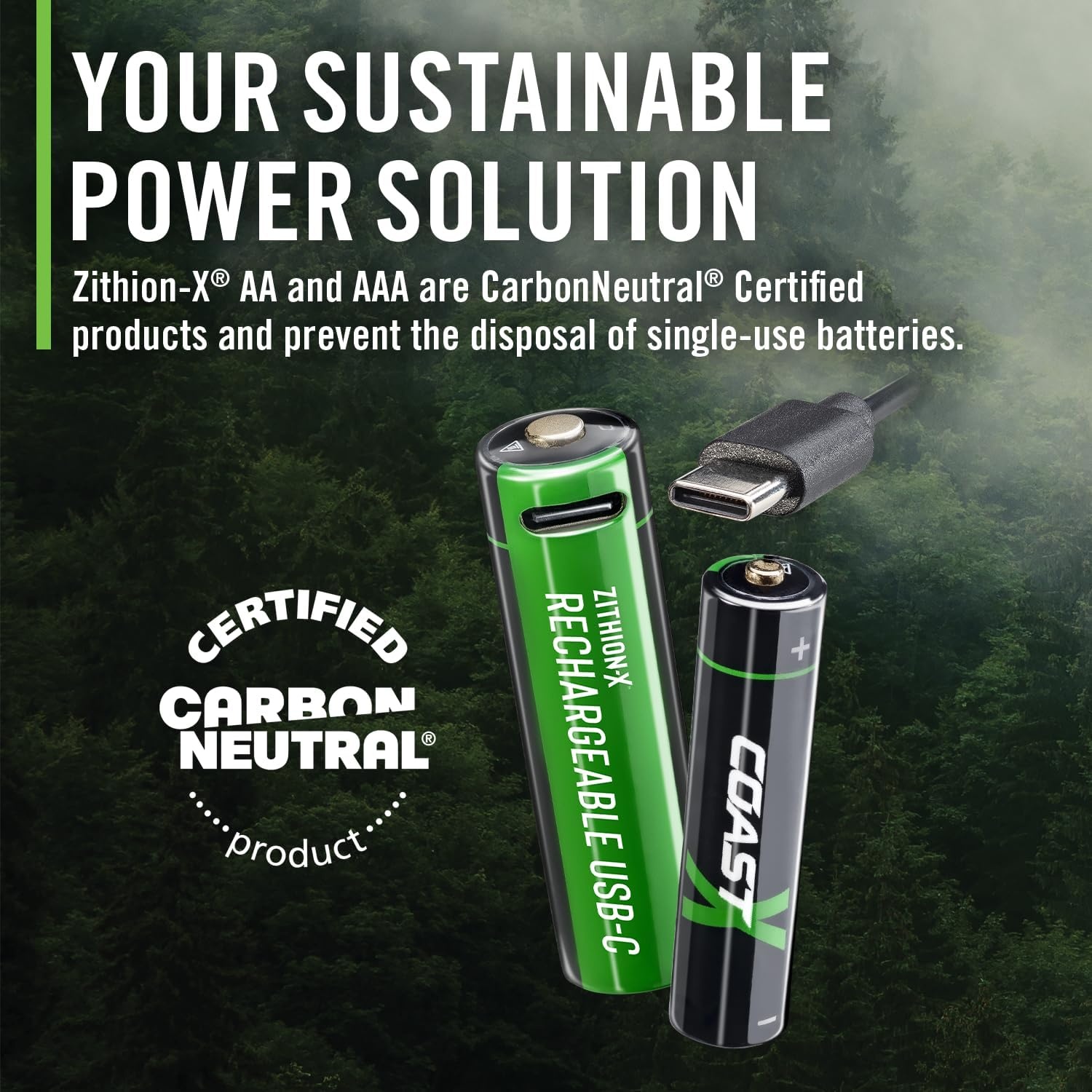 Coast AA USB-C Rechargeable Batteries, ZITHION-X, Lithium Ion 1.5v 2400 mAh, Long Lasting, Charges Under 2.5 Hours, Charging Cable Included, 8-Battery Pack(AA USB-C  12-Pack)