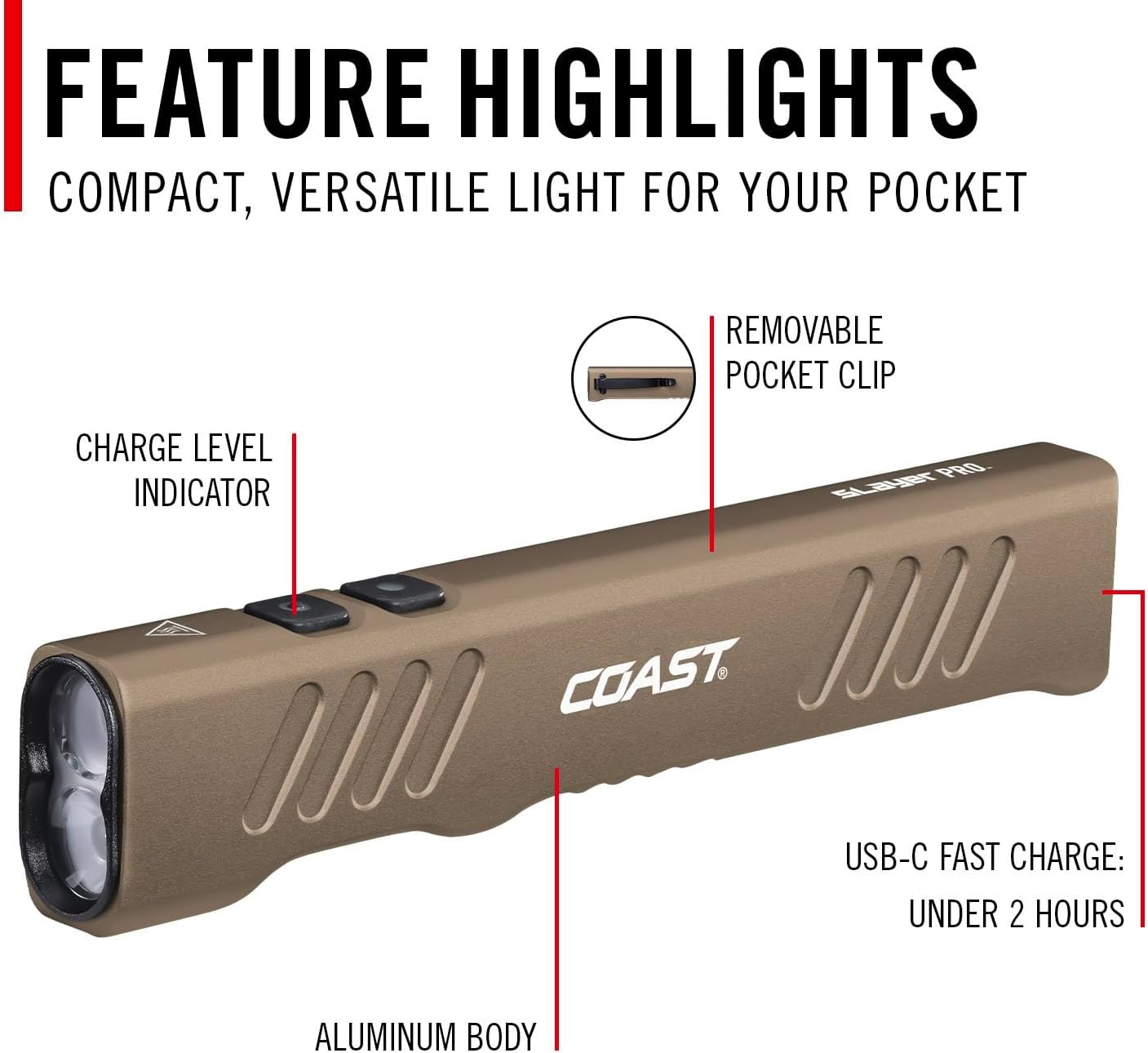 Coast Slayer 1150 Lumen USB-C Rechargeable LED Flashlight with Spot/Flood, Memory Mode and Pocket Clip, Silver(Dune)