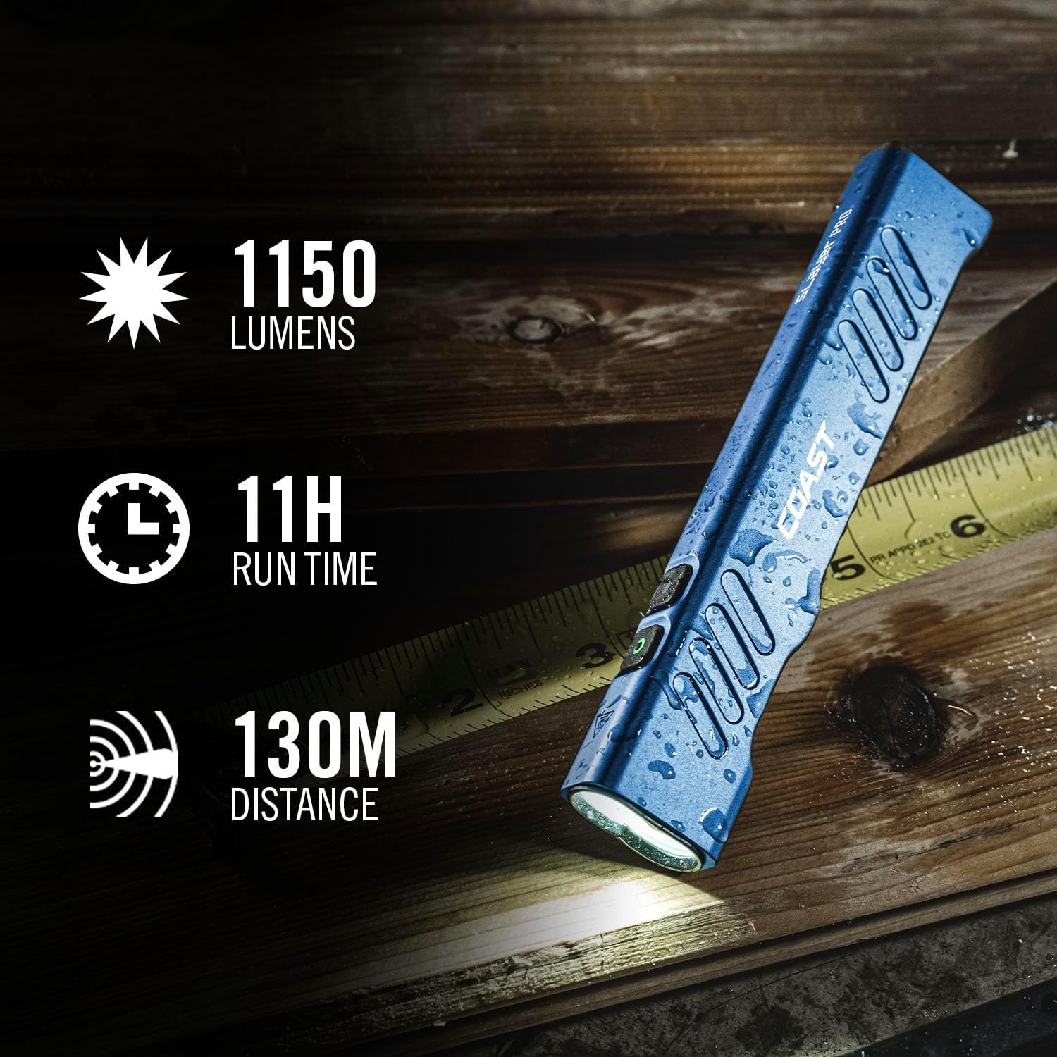 Coast Slayer 1150 Lumen USB-C Rechargeable LED Flashlight with Spot/Flood, Memory Mode and Pocket Clip, Silver(Blue)