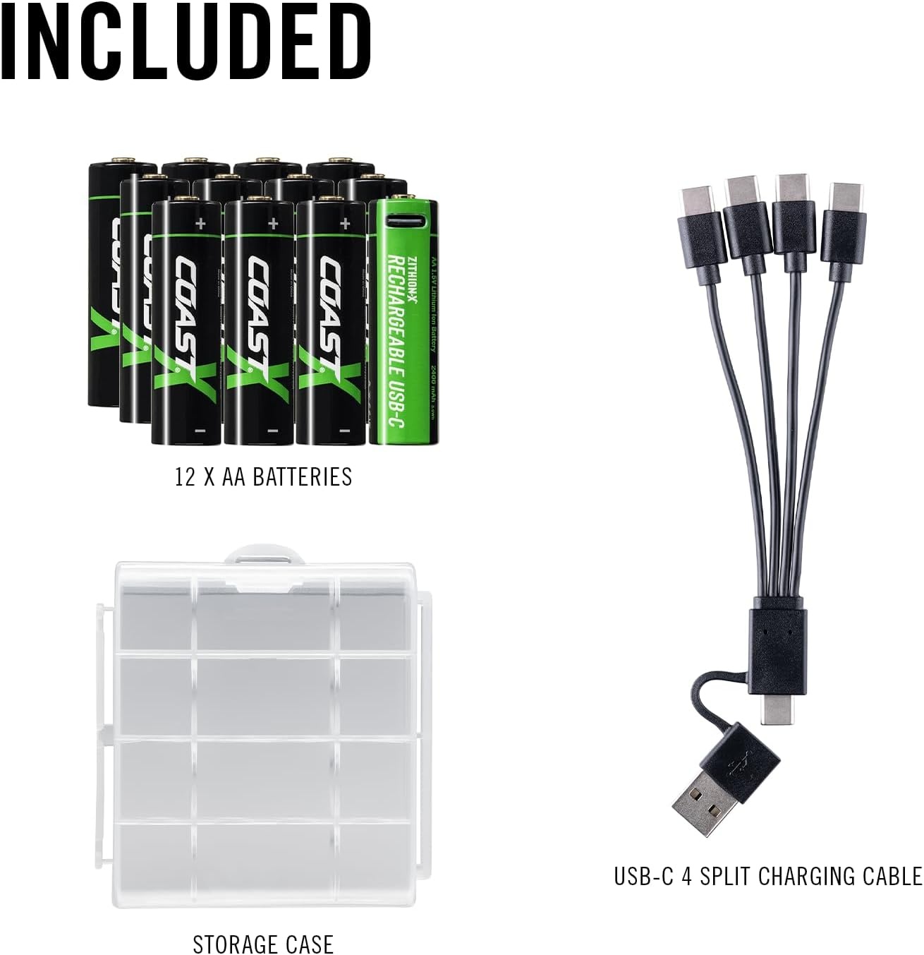 Coast AAA USB-C Rechargeable Batteries, ZITHION-X, Lithium Ion 1.5v 750 mAh, Long Lasting, Charges Under 1.3 Hours, Charging Cable Included, 4-Battery Pack(AAA USB-C  12-Pack)