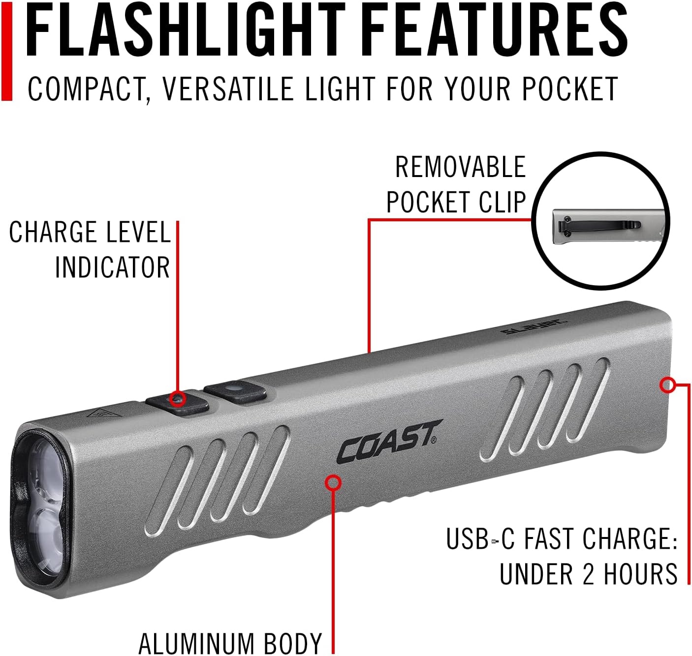 Coast Slayer 1150 Lumen USB-C Rechargeable LED Flashlight with Spot/Flood, Memory Mode and Pocket Clip, Silver(Silver)