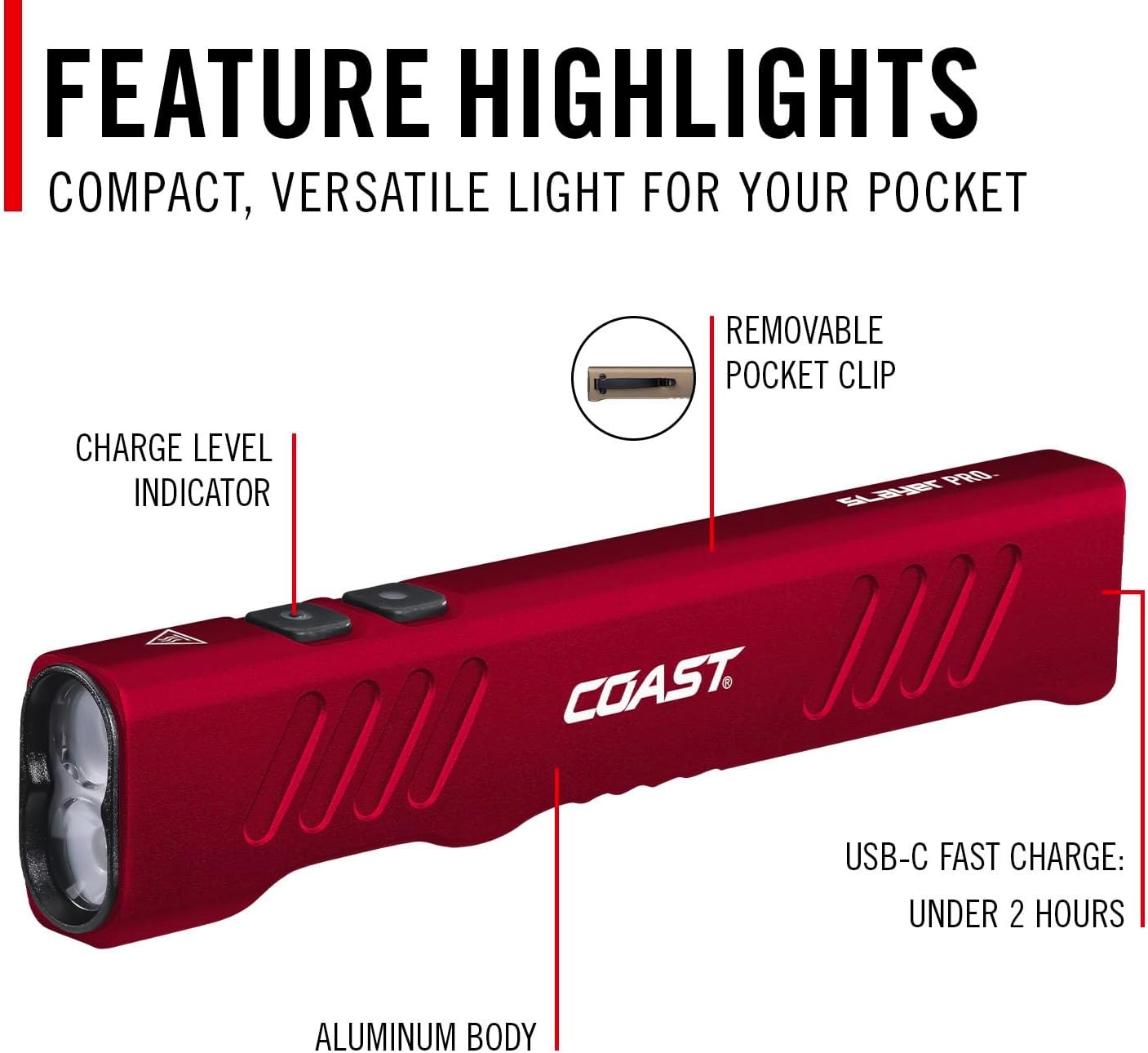 Coast Slayer 1150 Lumen USB-C Rechargeable LED Flashlight with Spot/Flood, Memory Mode and Pocket Clip, Silver(Red)