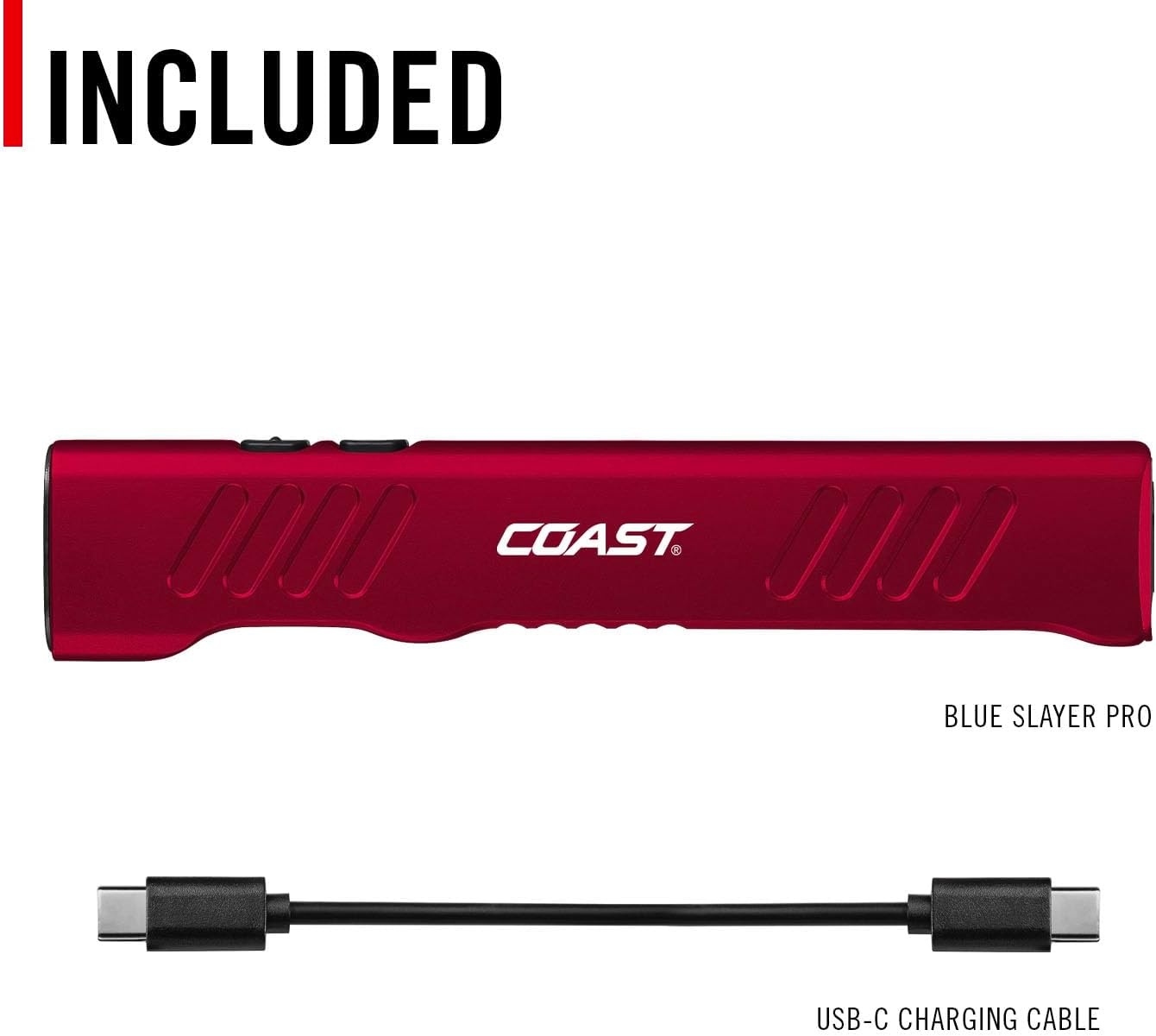 Coast Slayer 1150 Lumen USB-C Rechargeable LED Flashlight with Spot/Flood, Memory Mode and Pocket Clip, Silver(Red)