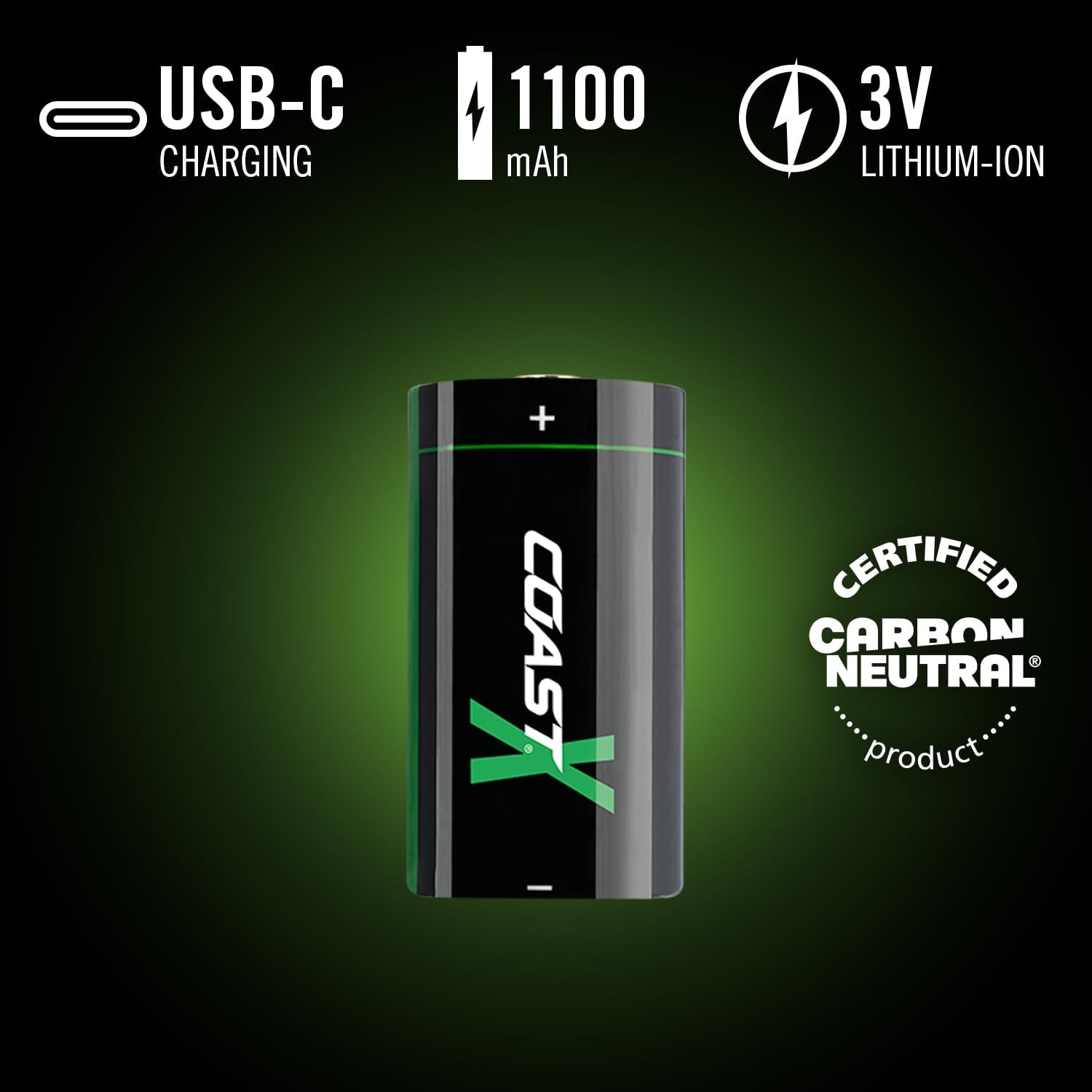 Coast ZX CR123 USB-C Rechargeable Batteries, ZITHION-X, Lithium Ion 1.5v 1100 mAh, Long Lasting, Charges Under 3 Hours, Charging Cable Included, for Tools and Devices – 2 Batteries