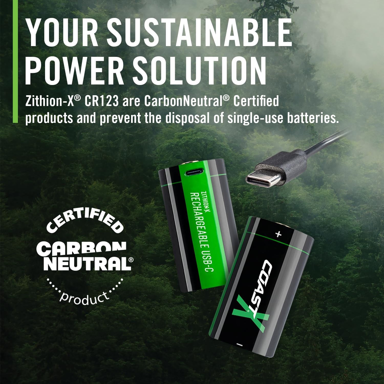 Coast ZX CR123 USB-C Rechargeable Batteries, ZITHION-X, Lithium Ion 1.5v 1100 mAh, Long Lasting, Charges Under 3 Hours, Charging Cable Included, for Tools and Devices – 2 Batteries