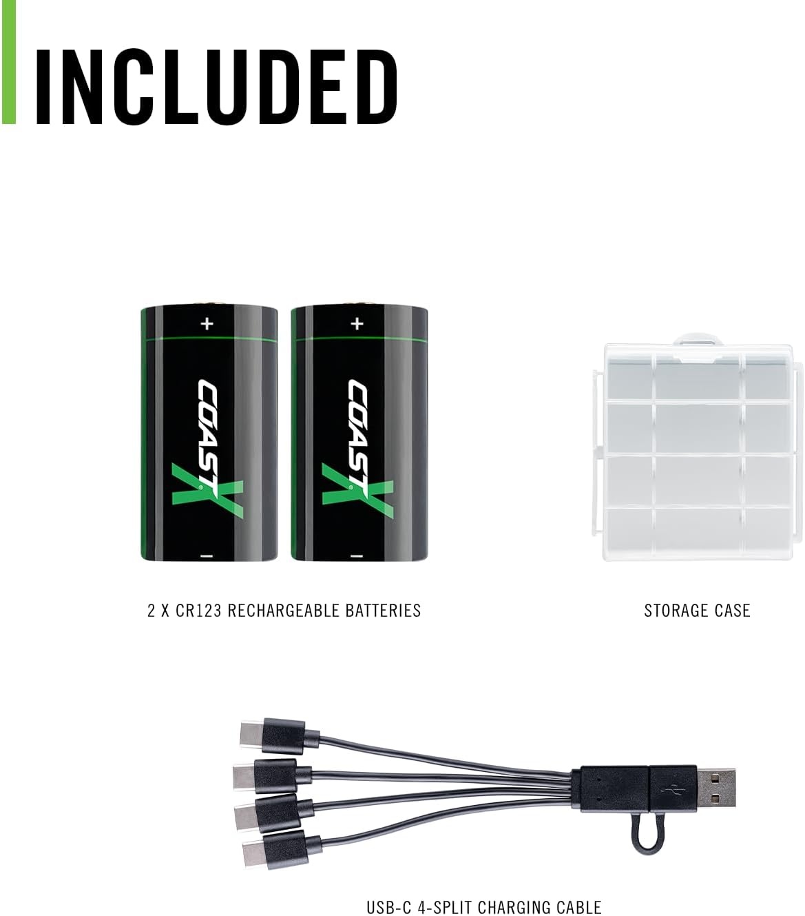 Coast ZX CR123 USB-C Rechargeable Batteries, ZITHION-X, Lithium Ion 1.5v 1100 mAh, Long Lasting, Charges Under 3 Hours, Charging Cable Included, for Tools and Devices – 2 Batteries
