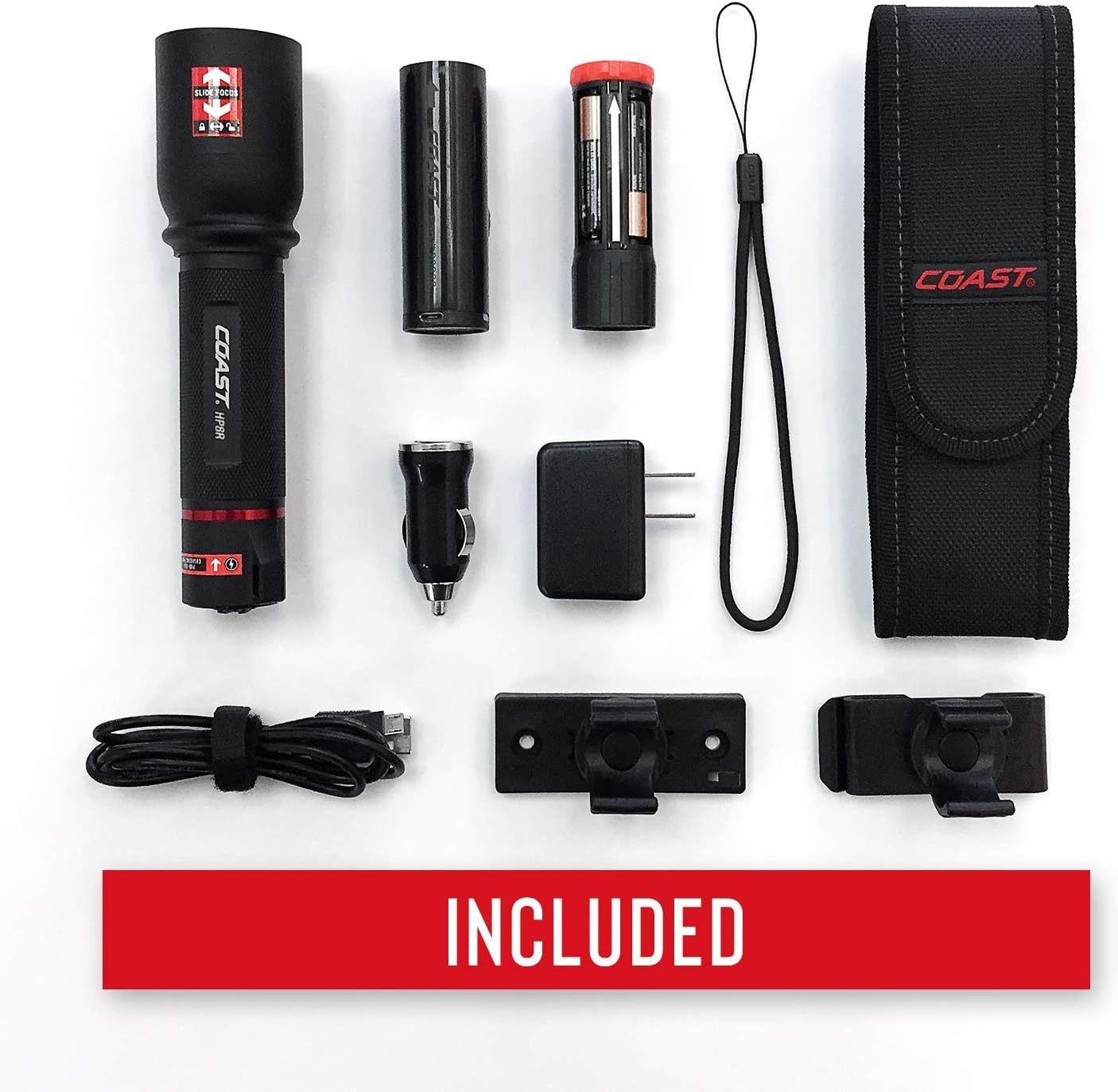 Coast HP7R-RD 300 Lumen Rechargeable LED Flashlight with Slide Focus, Red
