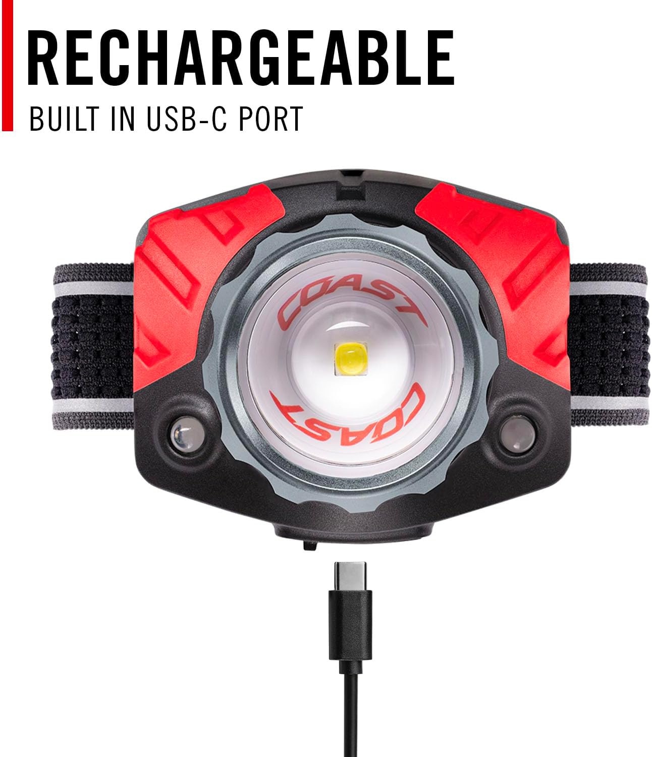 Coast® FL85R 1000 Lumen Tri-Color (White/Red/Green) Focusing Rechargeable LED Headlamp, Built-in Rechargeable Battery(Built-In Battery)