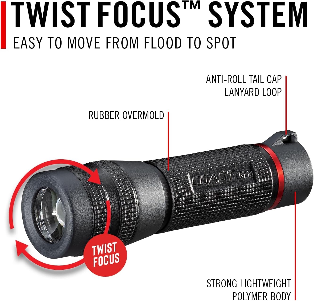 Coast GX10 550 Lumen Compact & Waterproof Dual Power LED Flashlight with Grip-Textured Handle, 4 Light Modes, Twist Focus™ & Pure Beam® Technology