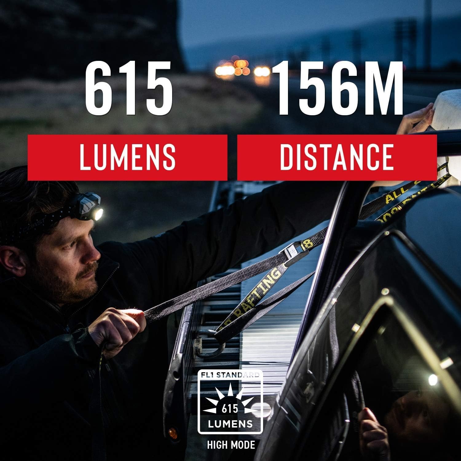 Coast FL85 615 Lumen Dual Color Pure Beam Focusing LED Headlamp with Twist Focus Hinged Beam Adjustment, Hard Hat Compatibility and Reflective Strap, Red