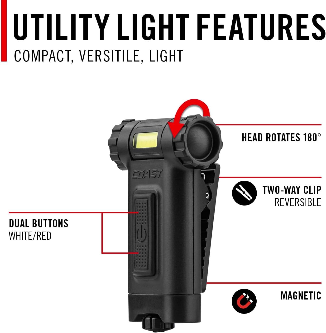 Coast HX4 80 Lumen Dual Color (White & Red) Magnetic LED Clip Light with Beam Rotation, Black