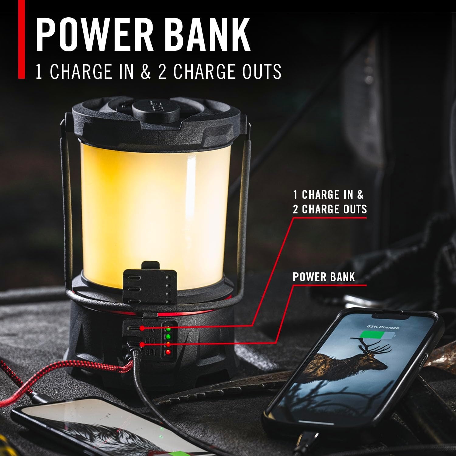 COAST EAL40R 2500 Lumen Rechargeable Emergency Camping Lantern with Red Flashing Mode, Carabiner, Diffuser, Foldeable Handle, Moonglow™ Low Mode, Illuminated Power Button, USB-C Power Bank