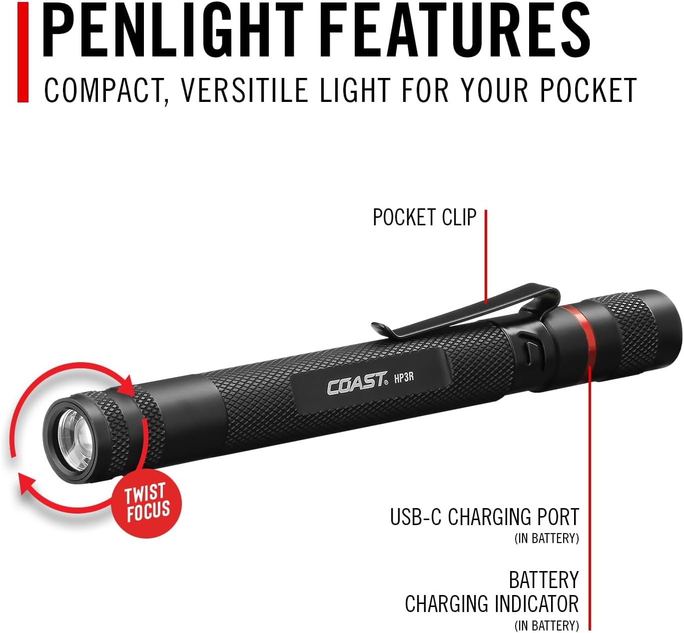 COAST HP3R 500 Lumen Rechargeable LED Penlight with TWIST FOCUS, Black(Orange)