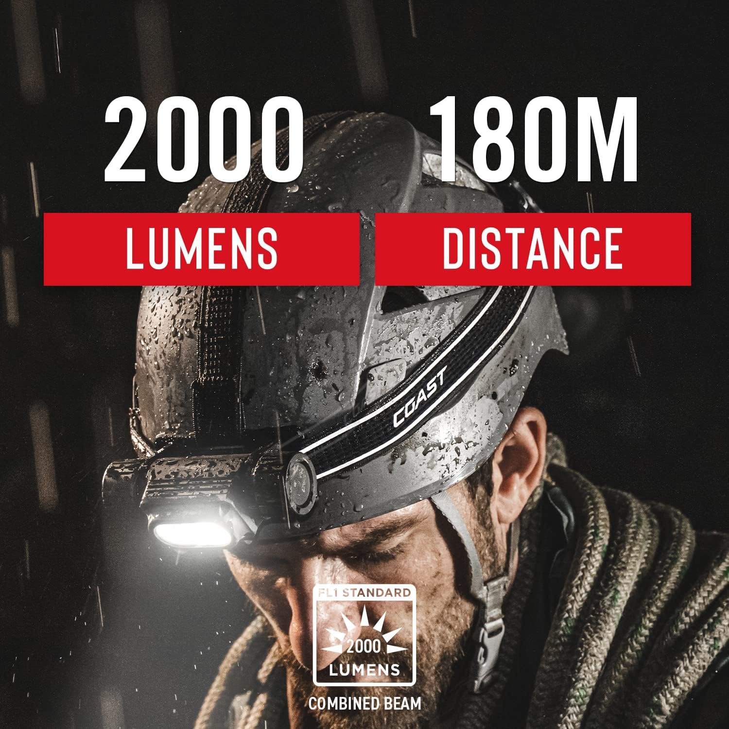 Coast WPH34R 2000 Lumen Waterproof Ultra Bright IP68 USB Rechargeable-Dual Power Headlamp, 6 Modes with Spot and Flood Beams, Black/Grey(Black/Grey)