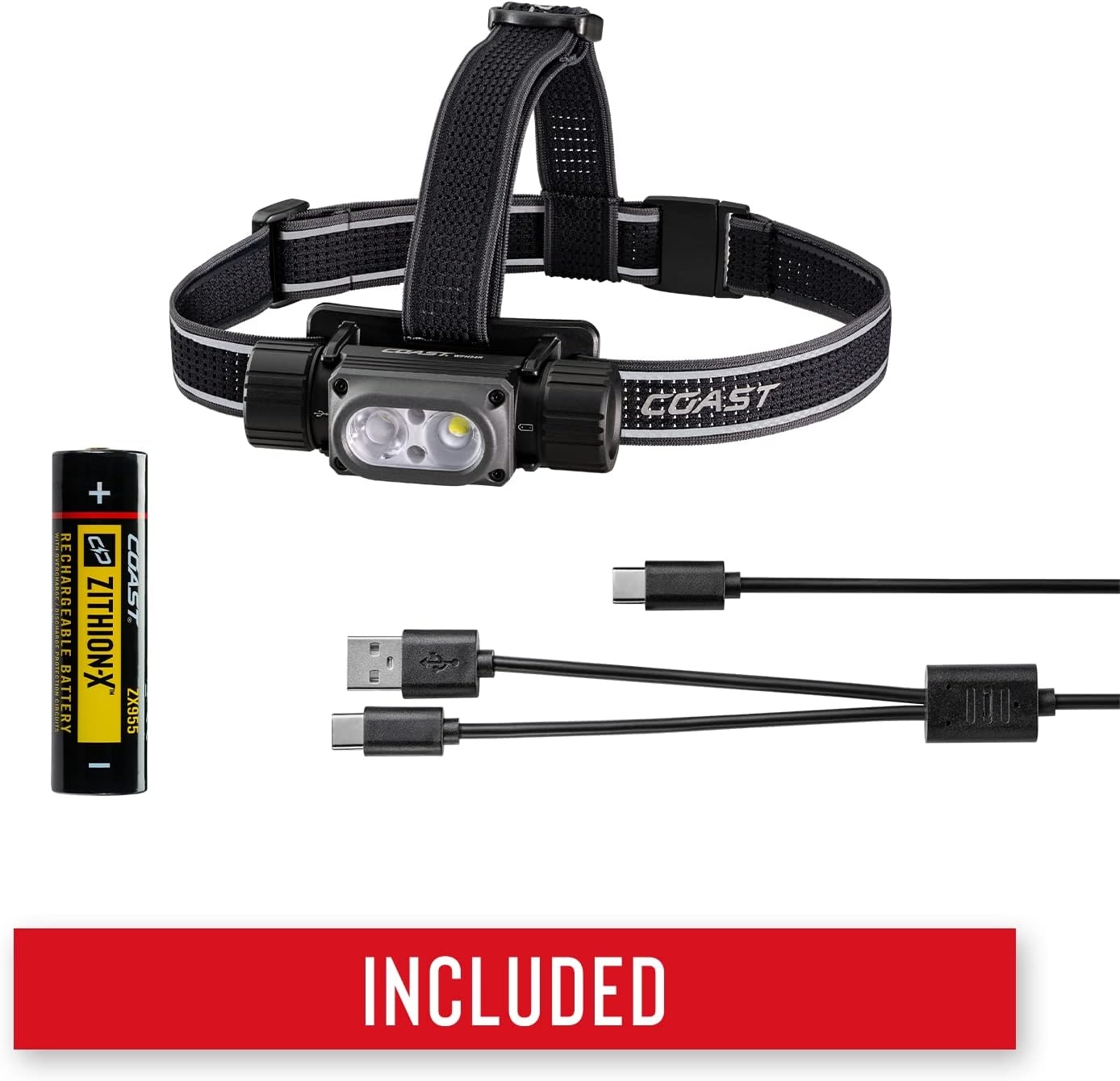 Coast WPH34R 2000 Lumen Waterproof Ultra Bright IP68 USB Rechargeable-Dual Power Headlamp, 6 Modes with Spot and Flood Beams, Black/Grey(Black/Grey)