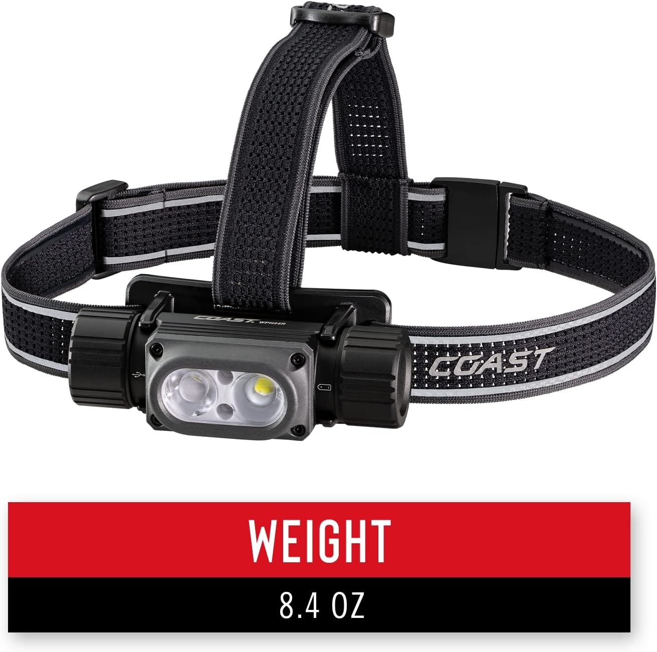 Coast WPH34R 2000 Lumen Waterproof Ultra Bright IP68 USB Rechargeable-Dual Power Headlamp, 6 Modes with Spot and Flood Beams, Black/Grey(Black/Grey)