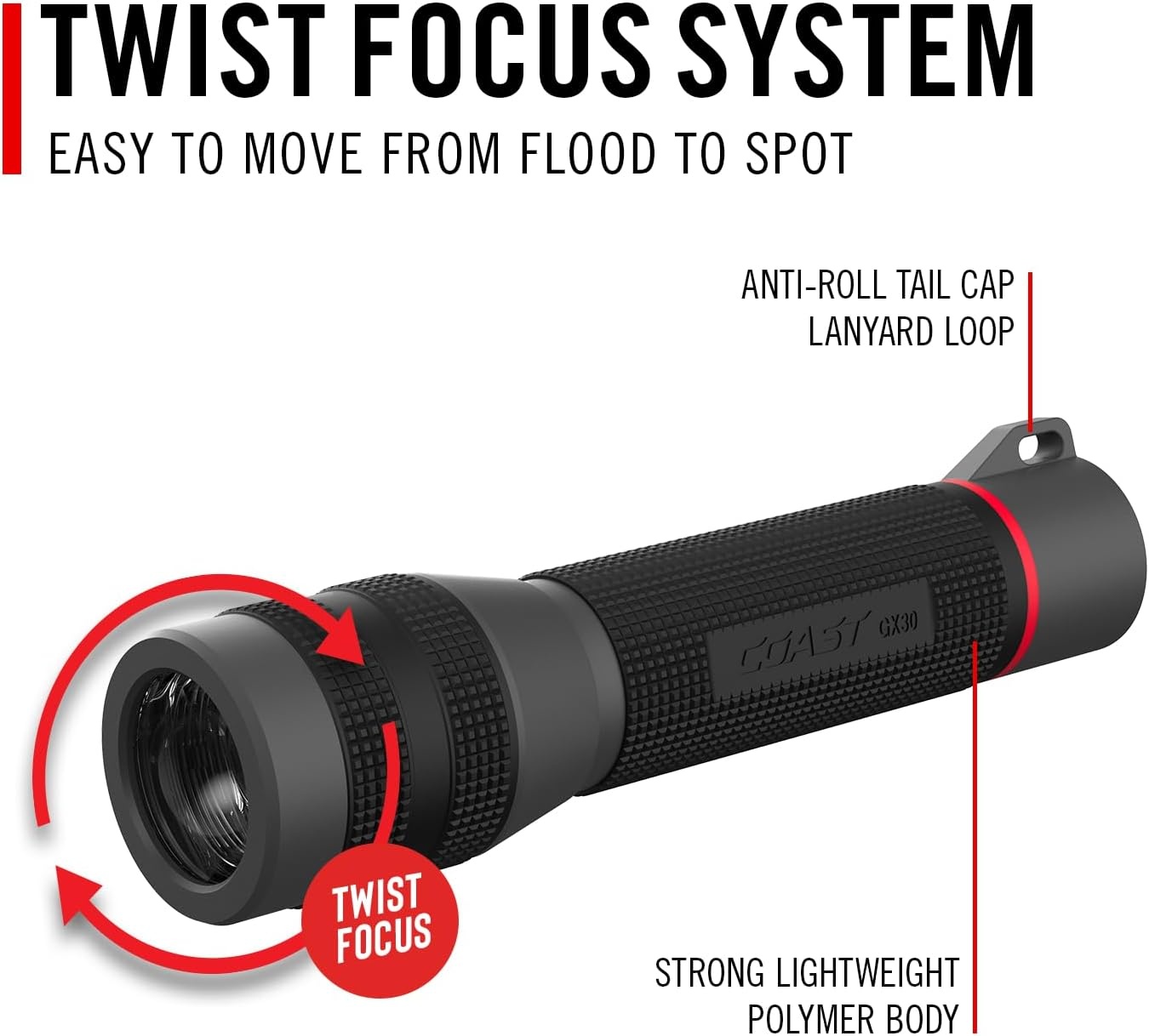 Coast GX30 2300 Lumen Waterproof Alkaline and Rechargeable Dual Power LED Flashlight with Twist Focus, Anti-Roll Cap and Textured Handle, 6 x AA Batteries Included (length 8.5 inches)