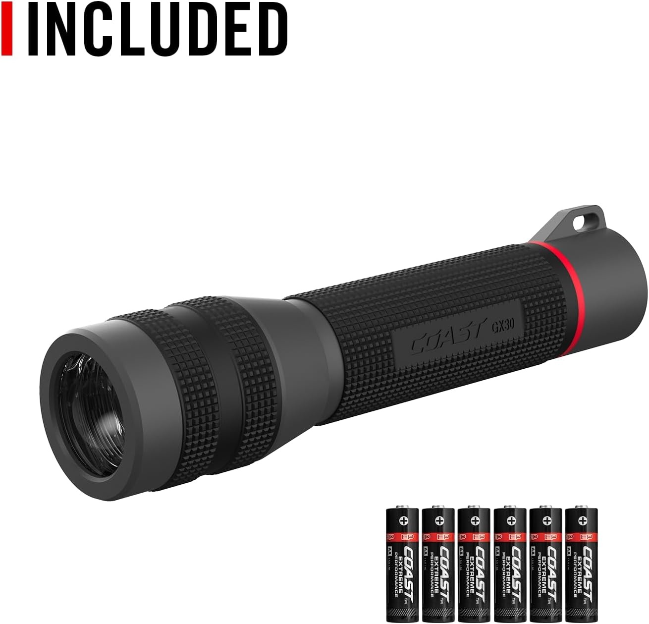 Coast GX30 2300 Lumen Waterproof Alkaline and Rechargeable Dual Power LED Flashlight with Twist Focus, Anti-Roll Cap and Textured Handle, 6 x AA Batteries Included (length 8.5 inches)