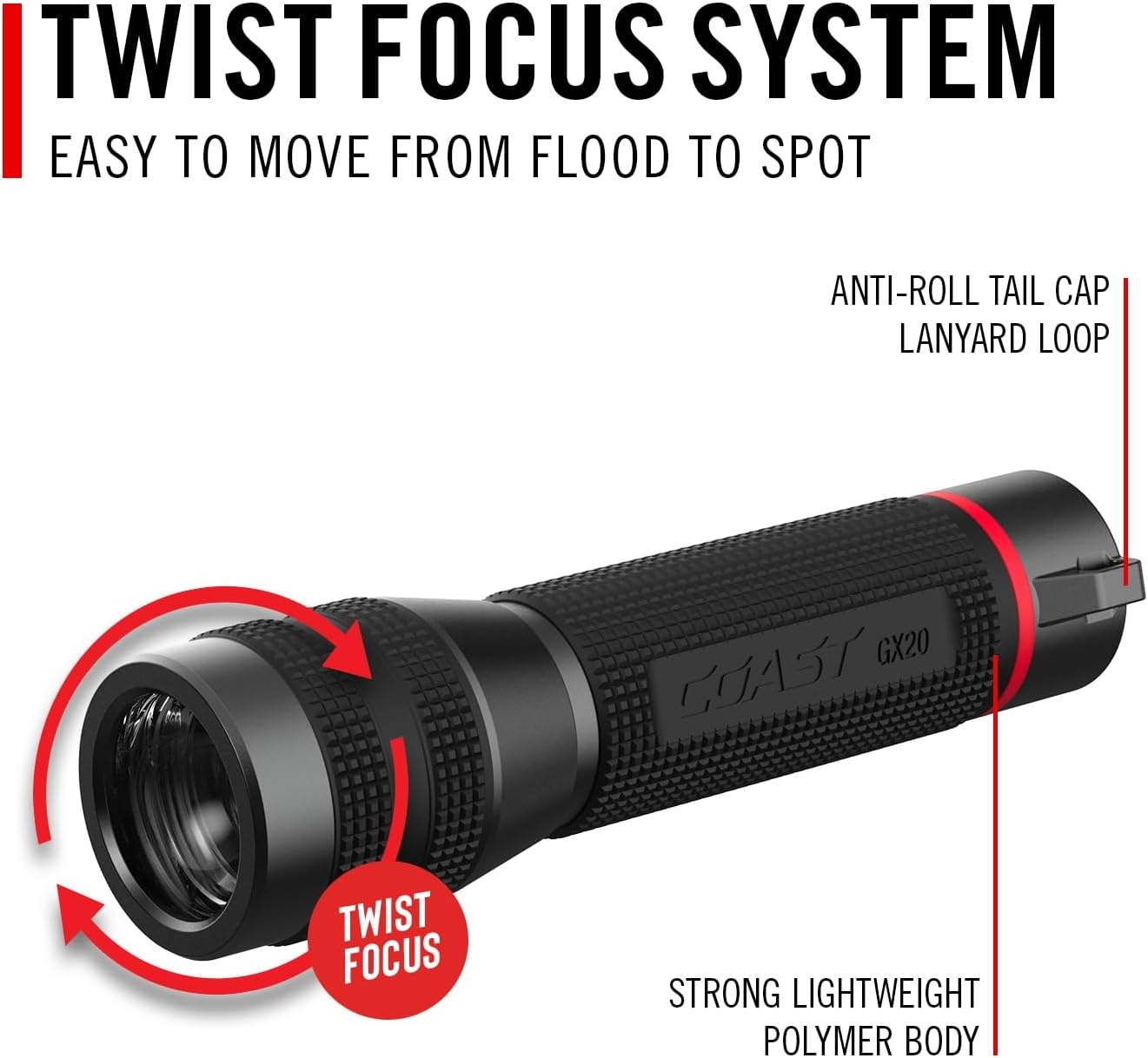 Coast GX20 1200 Lumen Waterproof Alkaline-Dual Power LED Flashlight with Twist Focus, Anti-Roll Cap and Textured Handle – Compatible with 4 x AAA Batteries (Included) or ZX750 Rechargeable Battery(GX20)