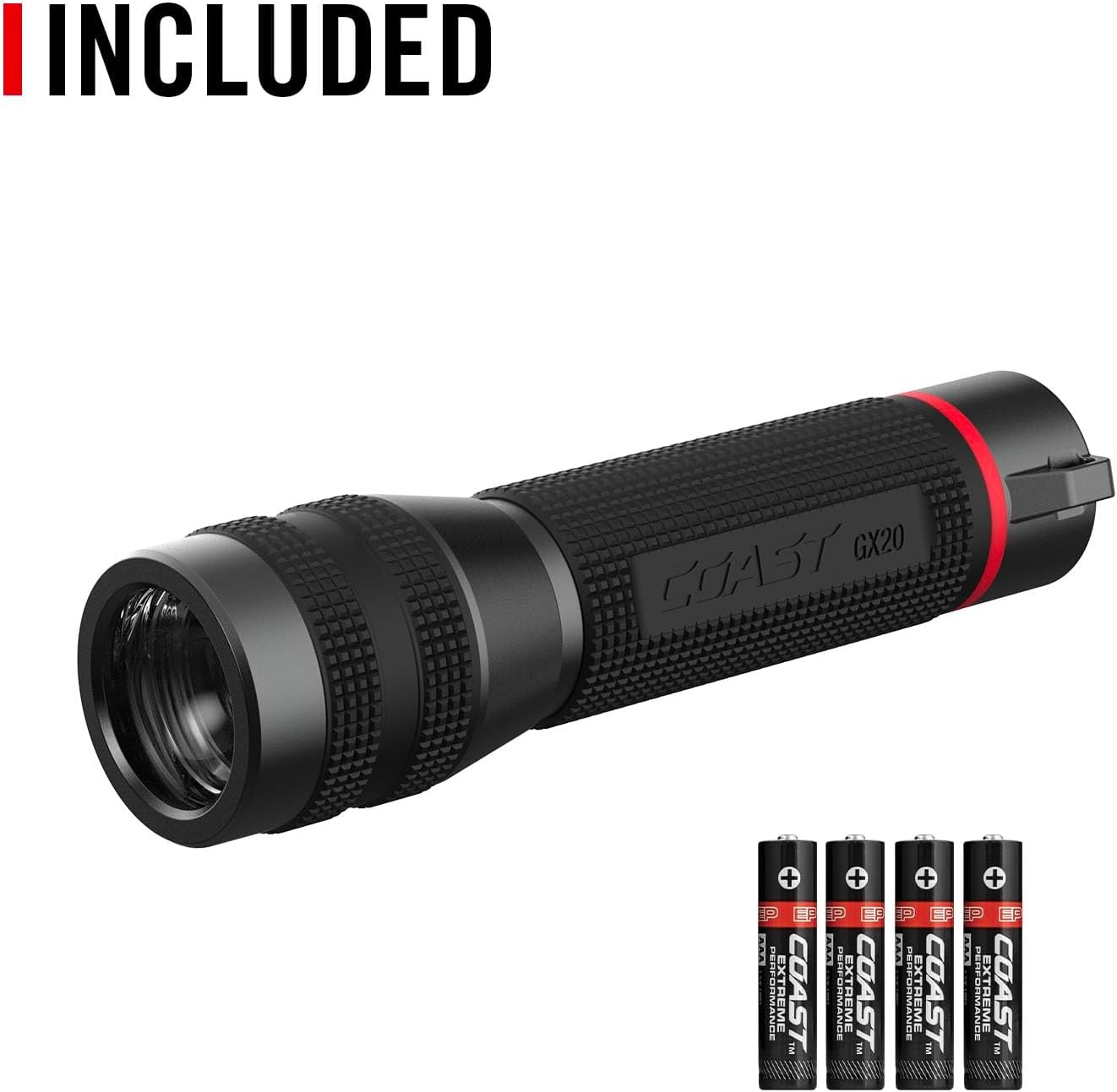 Coast GX20 1200 Lumen Waterproof Alkaline-Dual Power LED Flashlight with Twist Focus, Anti-Roll Cap and Textured Handle – Compatible with 4 x AAA Batteries (Included) or ZX750 Rechargeable Battery(GX20)