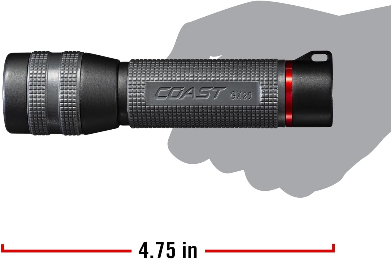 Coast GX20 1200 Lumen Waterproof Alkaline-Dual Power LED Flashlight with Twist Focus, Anti-Roll Cap and Textured Handle – Compatible with 4 x AAA Batteries (Included) or ZX750 Rechargeable Battery(GX20)