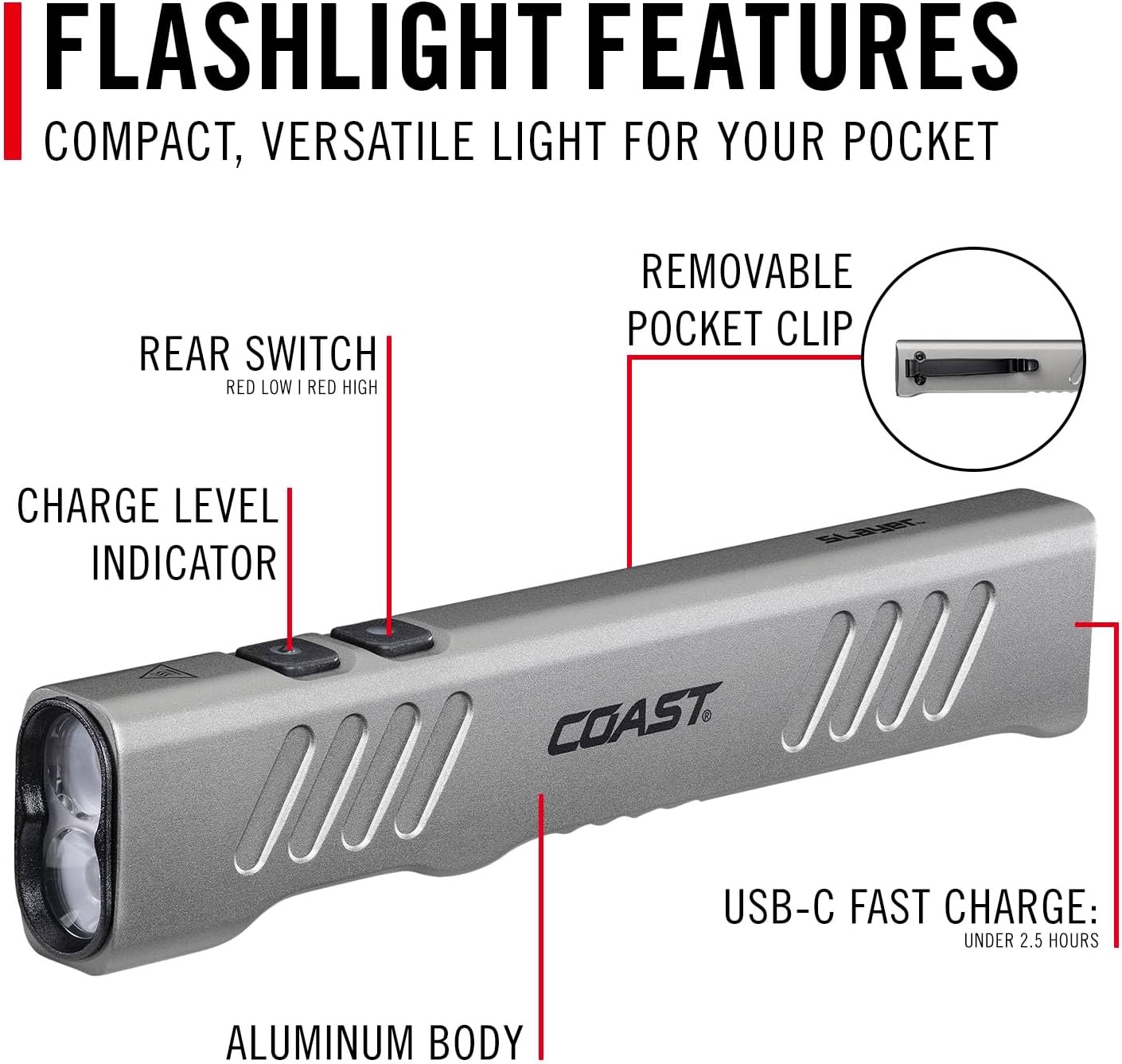 Coast Slayer RED 1000 Lumen USB-C Rechargeable LED Flashlight with Red Mode, Spot/Flood, Memory Mode and Pocket Clip
