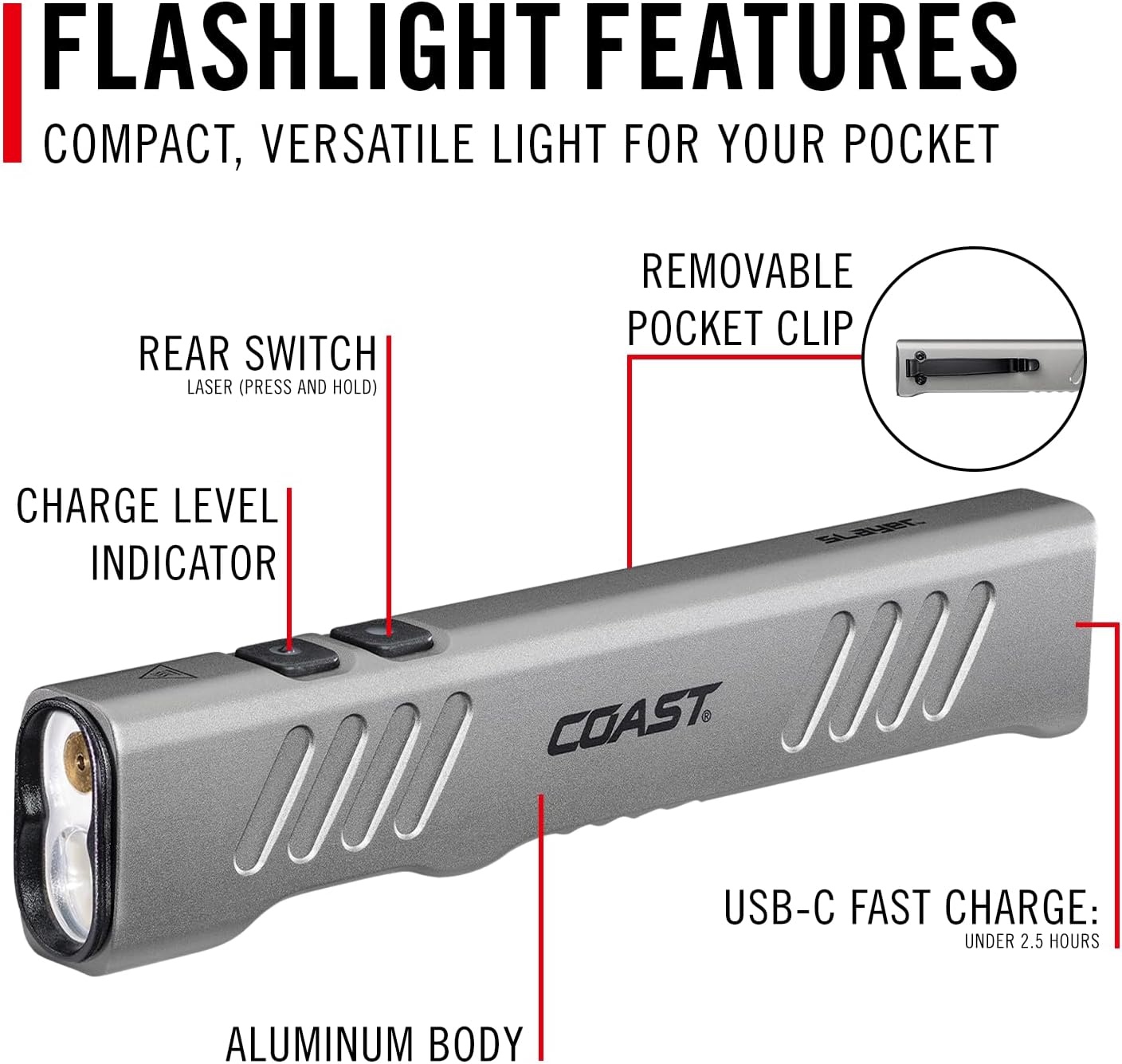Coast Slayer Laser 1000 Lumen USB-C Rechargeable LED Flashlight with Pocket Clip – Class IIIA, 5 mW Laser, 650 nm Wavelength