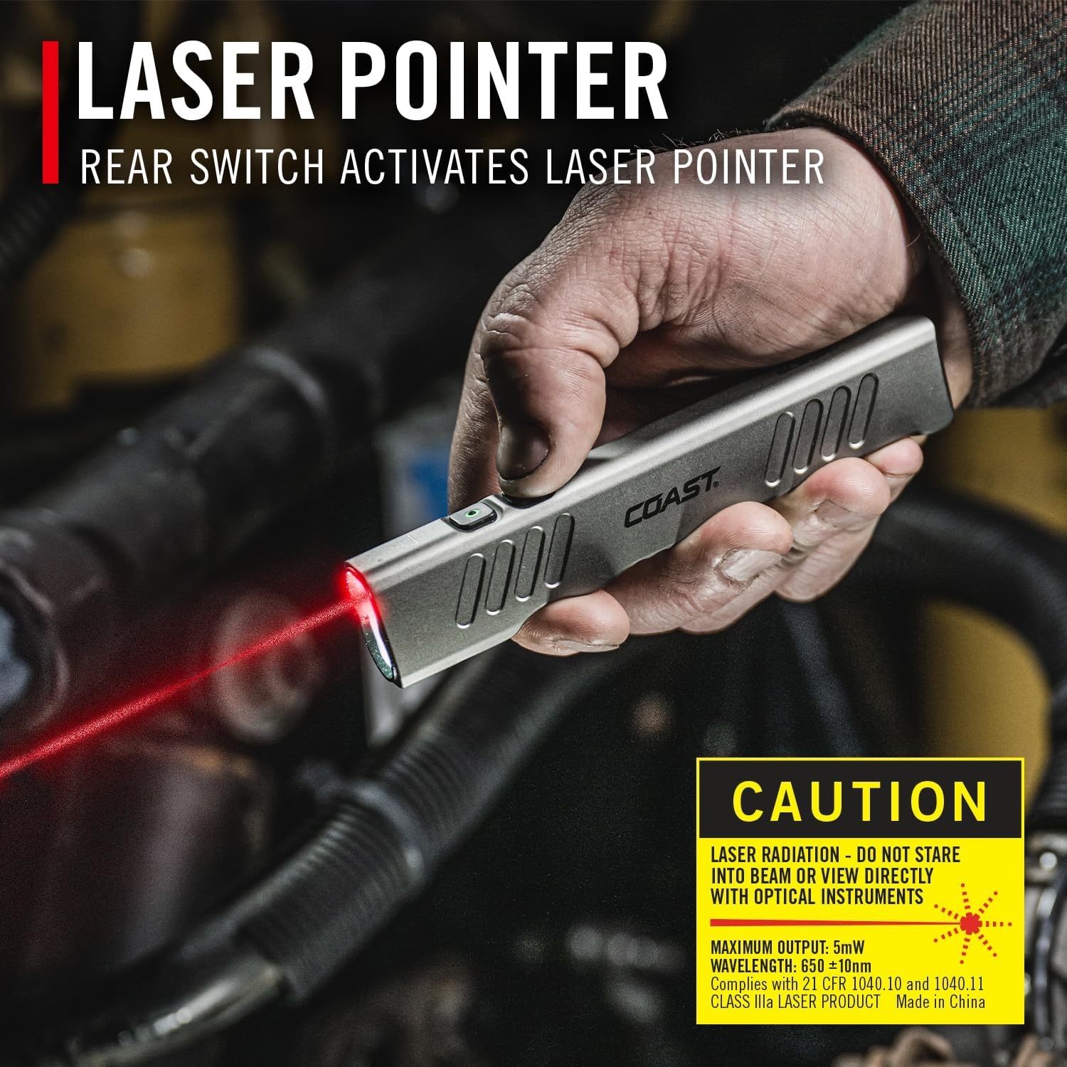Coast Slayer Laser 1000 Lumen USB-C Rechargeable LED Flashlight with Pocket Clip – Class IIIA, 5 mW Laser, 650 nm Wavelength
