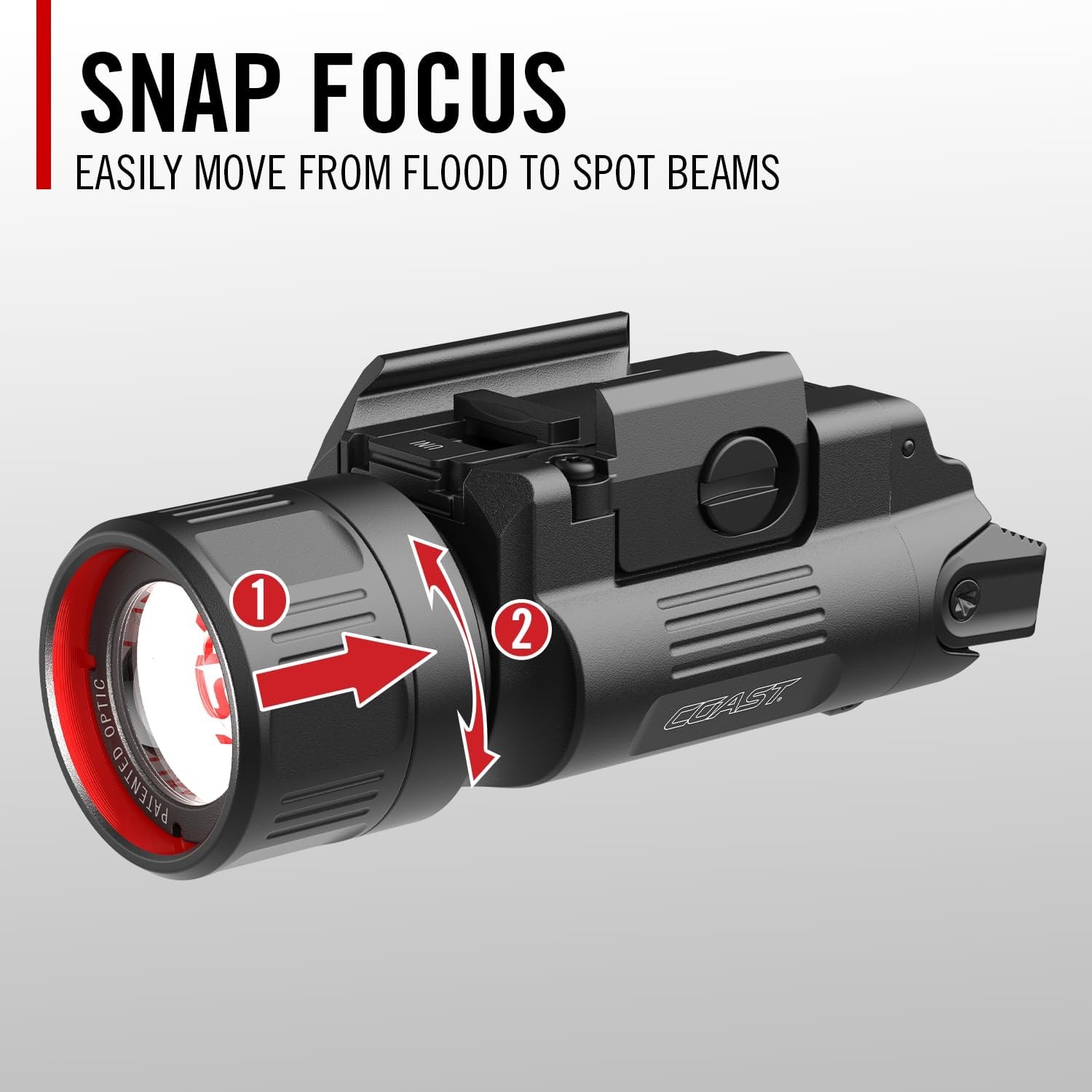 Coast PTX65R Two Beam 1000 Lumen USB-C Rechargeable LED Tactical Weapon Light with Tool-Free Universal/Picatinny Mounting System, and Spot & Flood Beams – IP54 Rating