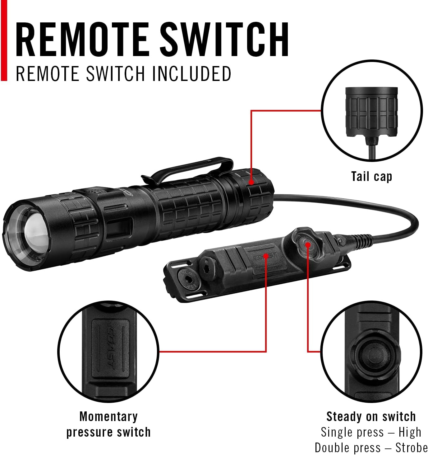 Coast TX300R 3000 Lumen Rechargeable Long Range Tactical LED Flashlight with Strobe, Spot and Flood Beams – POWERiQ™ Digital Display, Durable Aluminum Build – Flashlight & Remote Switch Included